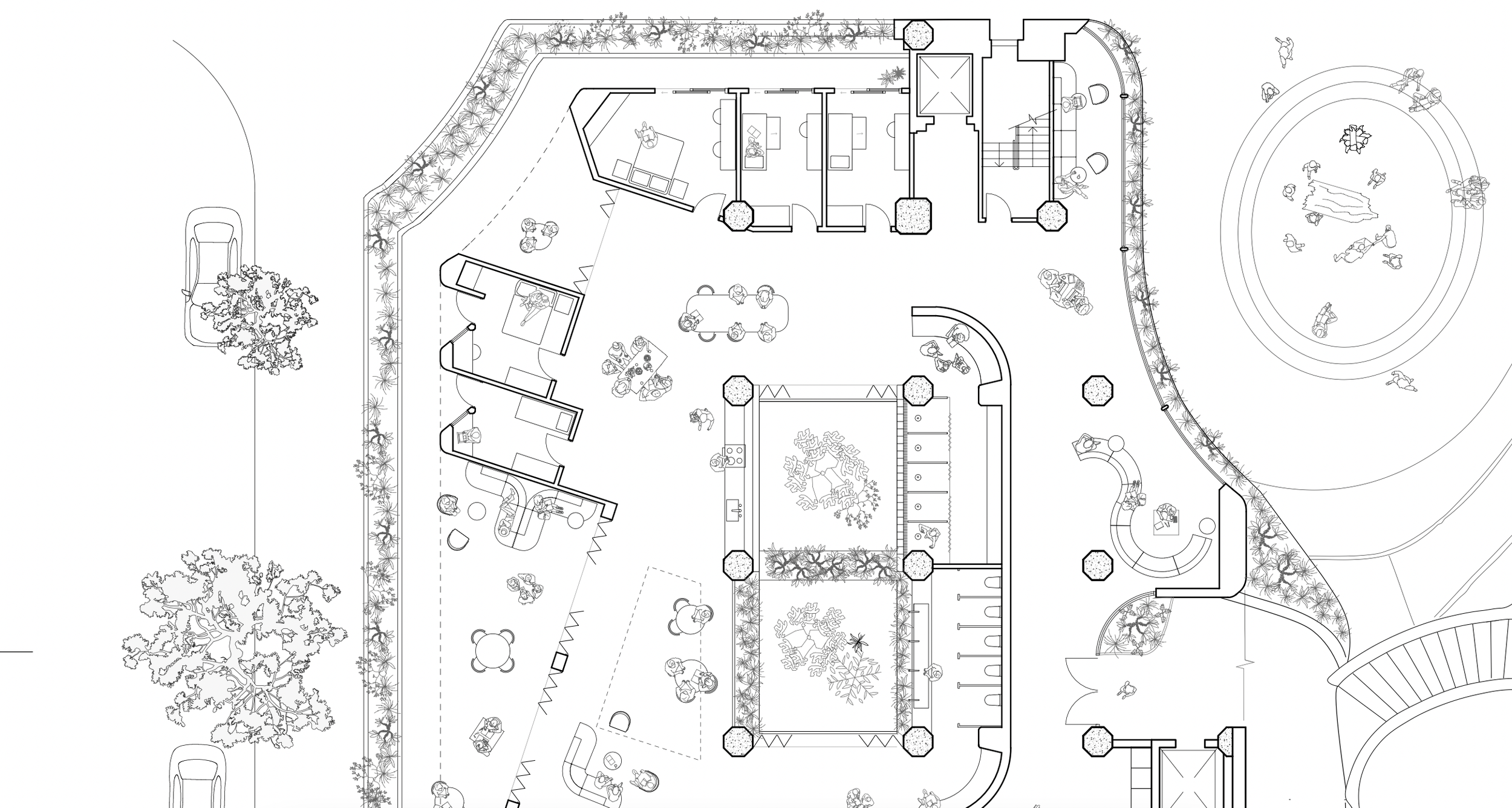Architectural blueprint of a building with outdoor design elements, including trees, a playground, and multiple person figures.