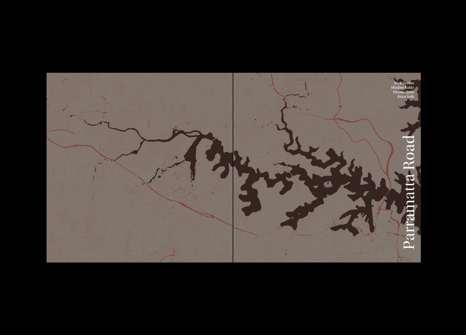 Map showing the area around Paraimato Road with black lines indicating water bodies and red lines representing roads, and a list of names in the top right corner. The map includes the names Nick Groves, Mladen Kokic, Declan Quin, and Erica Volk.