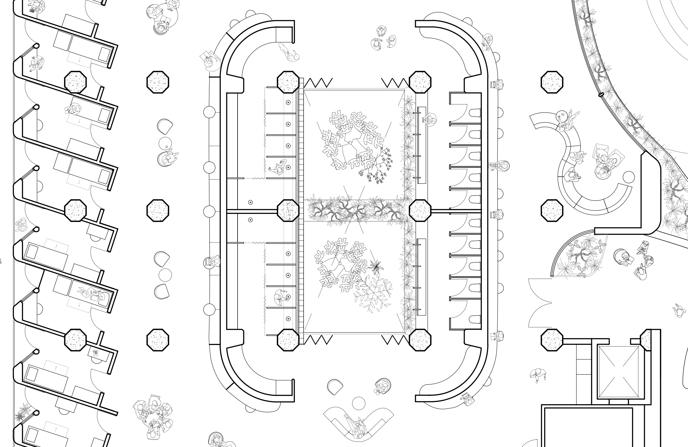 Architectural blueprint of a building floor plan showing various rooms, hallways, furniture, and outdoor areas with people depicted in different activities.
