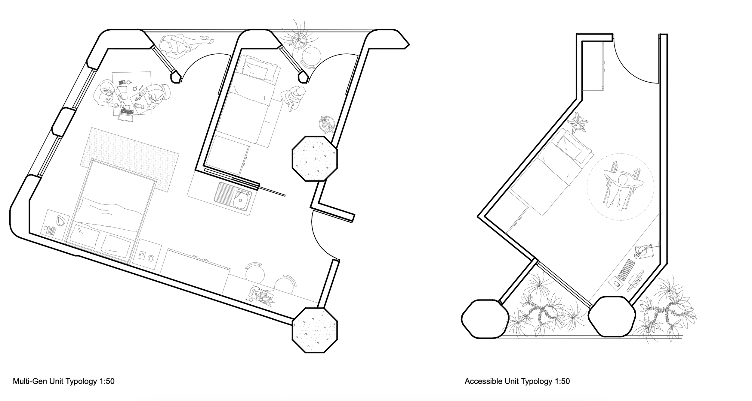 Floor plan of a multi-unit residential building at a 1:50 scale, showing interior layouts with furniture, rooms, and exterior landscaping details.