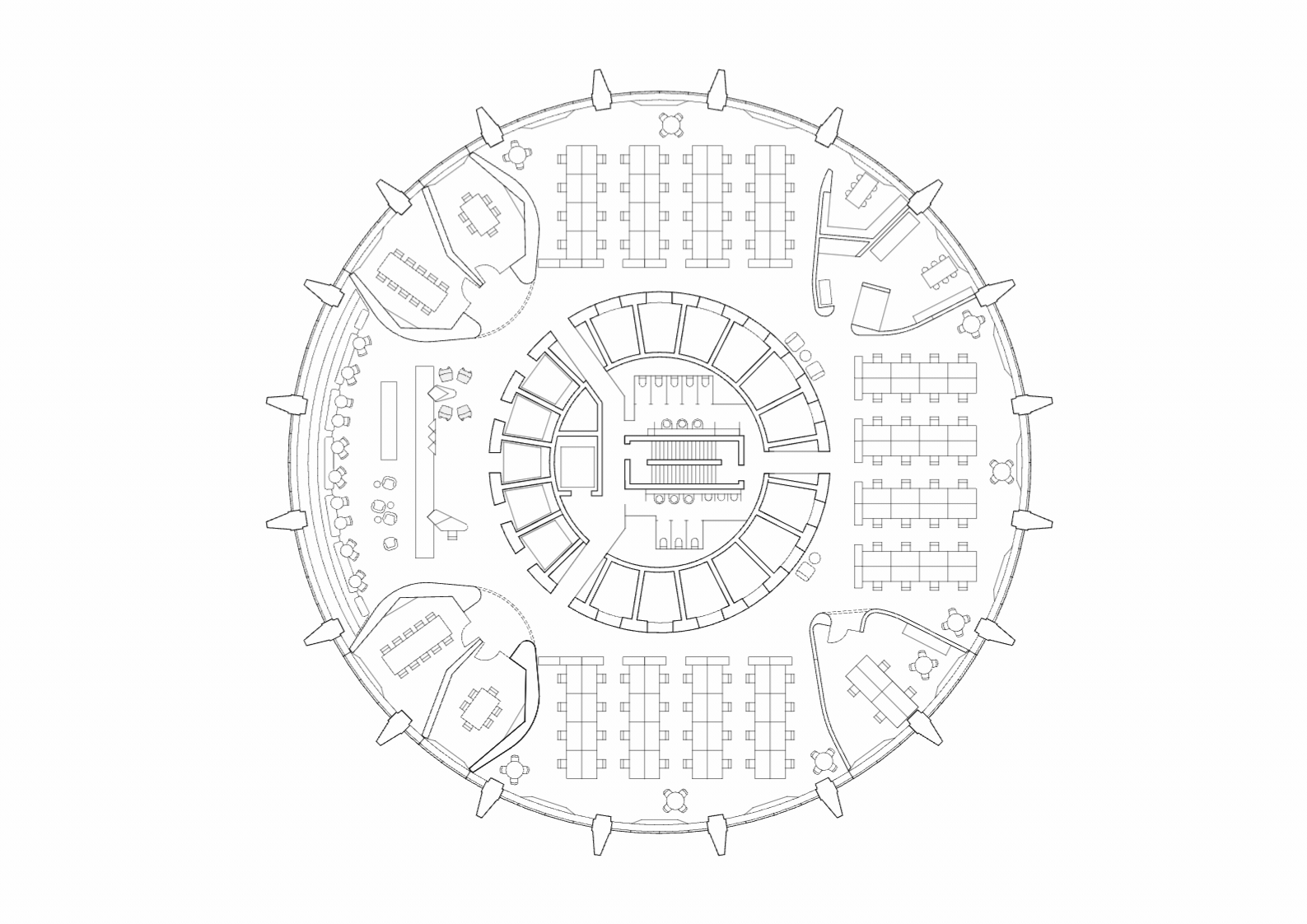 Floor plan of a circular office building with multiple rooms, conference areas, and workspaces arranged around a central core.