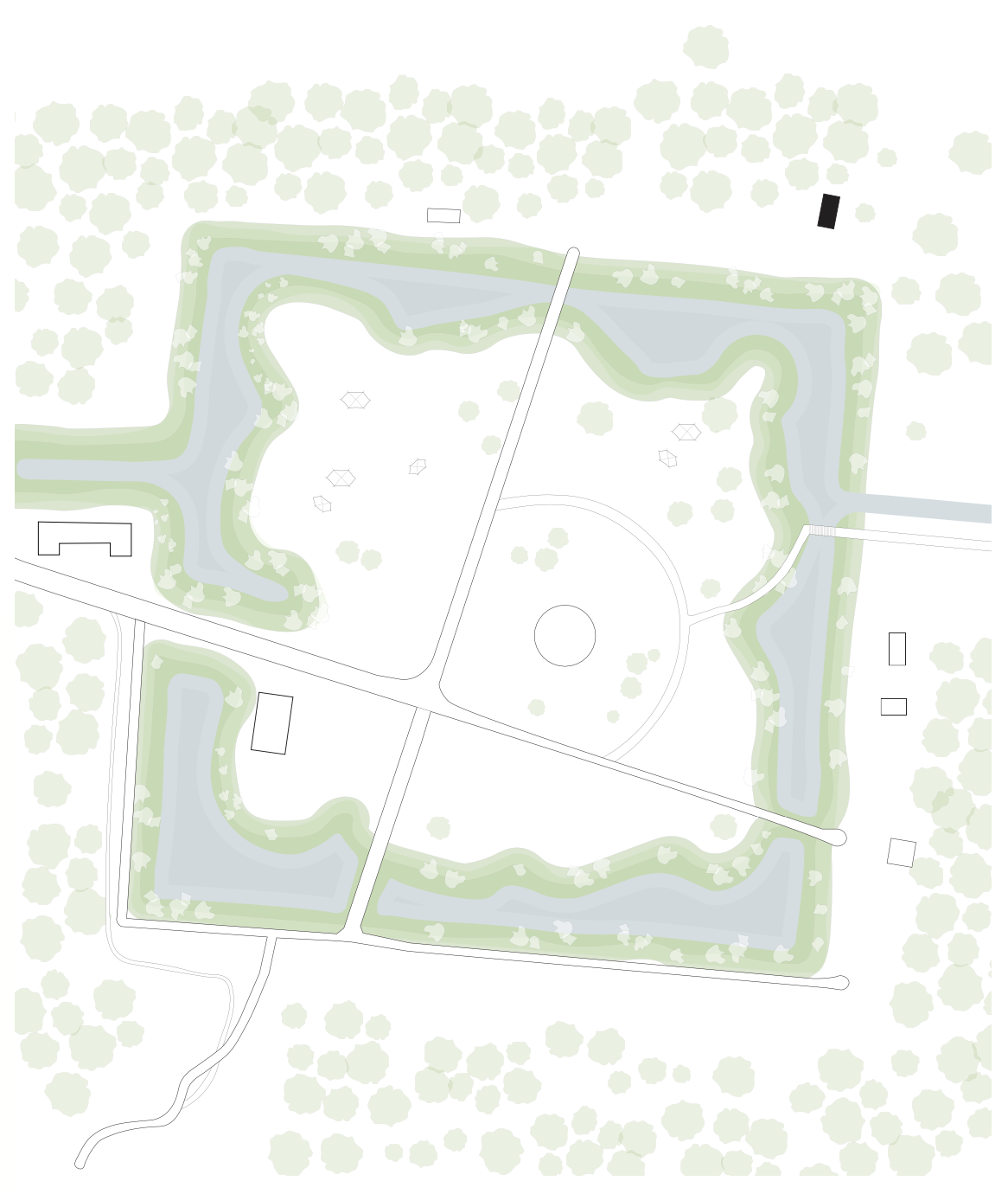 A detailed park map showing walking paths, water features, playgrounds, and surrounding trees.