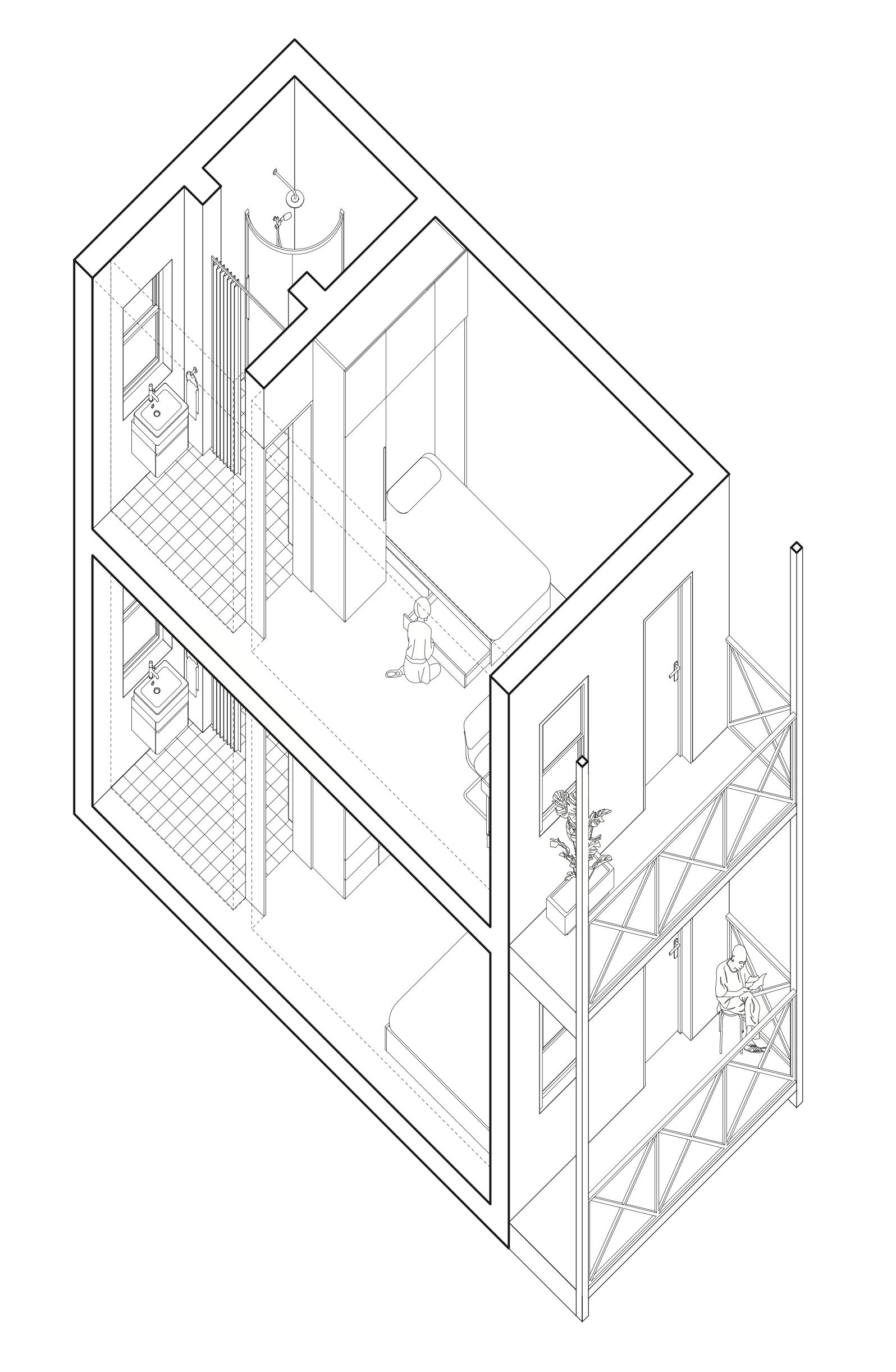 Isometric view of a multi-story house with bedrooms, bathrooms, and a balcony, featuring two people, one in the bedroom and one outside on the balcony.