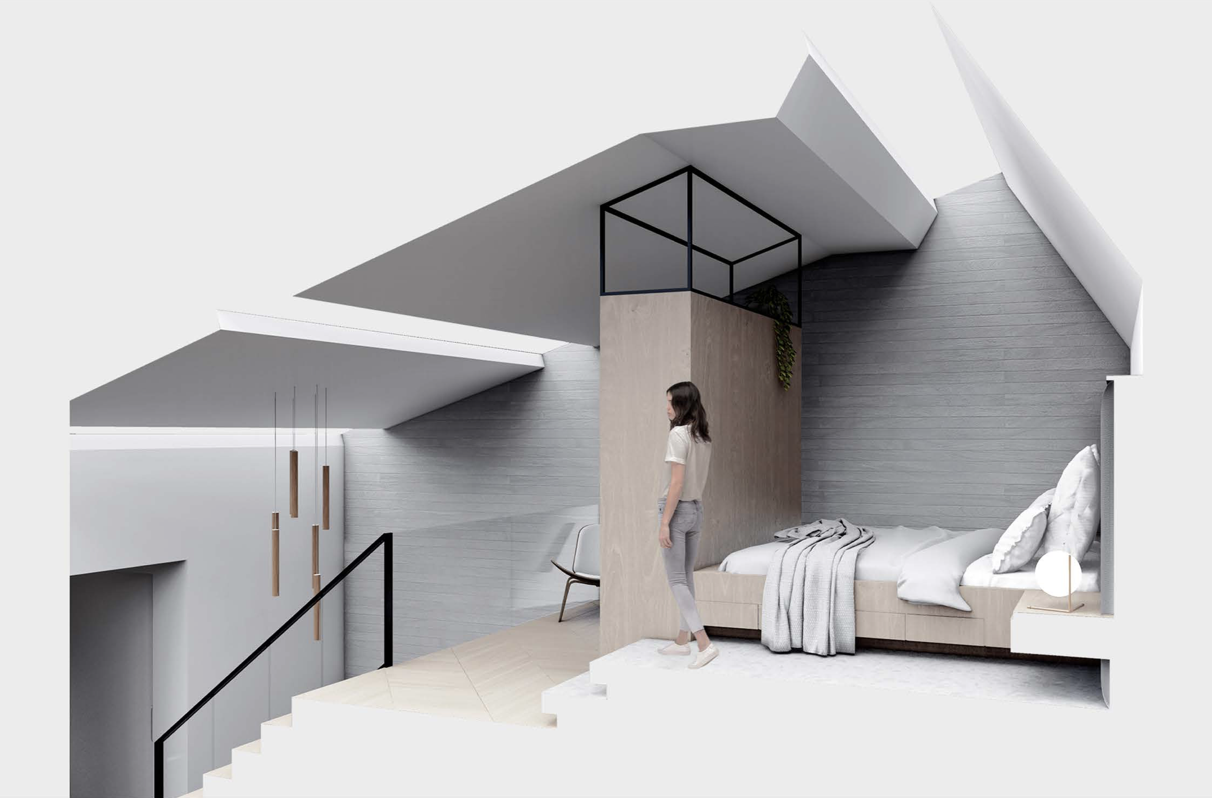 Interior of a modern bedroom with a sloped ceiling, gray walls, and a wooden bed with white bedding. A woman stands on the stairs, looking at the room. There are hanging pendant lights and a small black metal-framed structure with a plant on top.