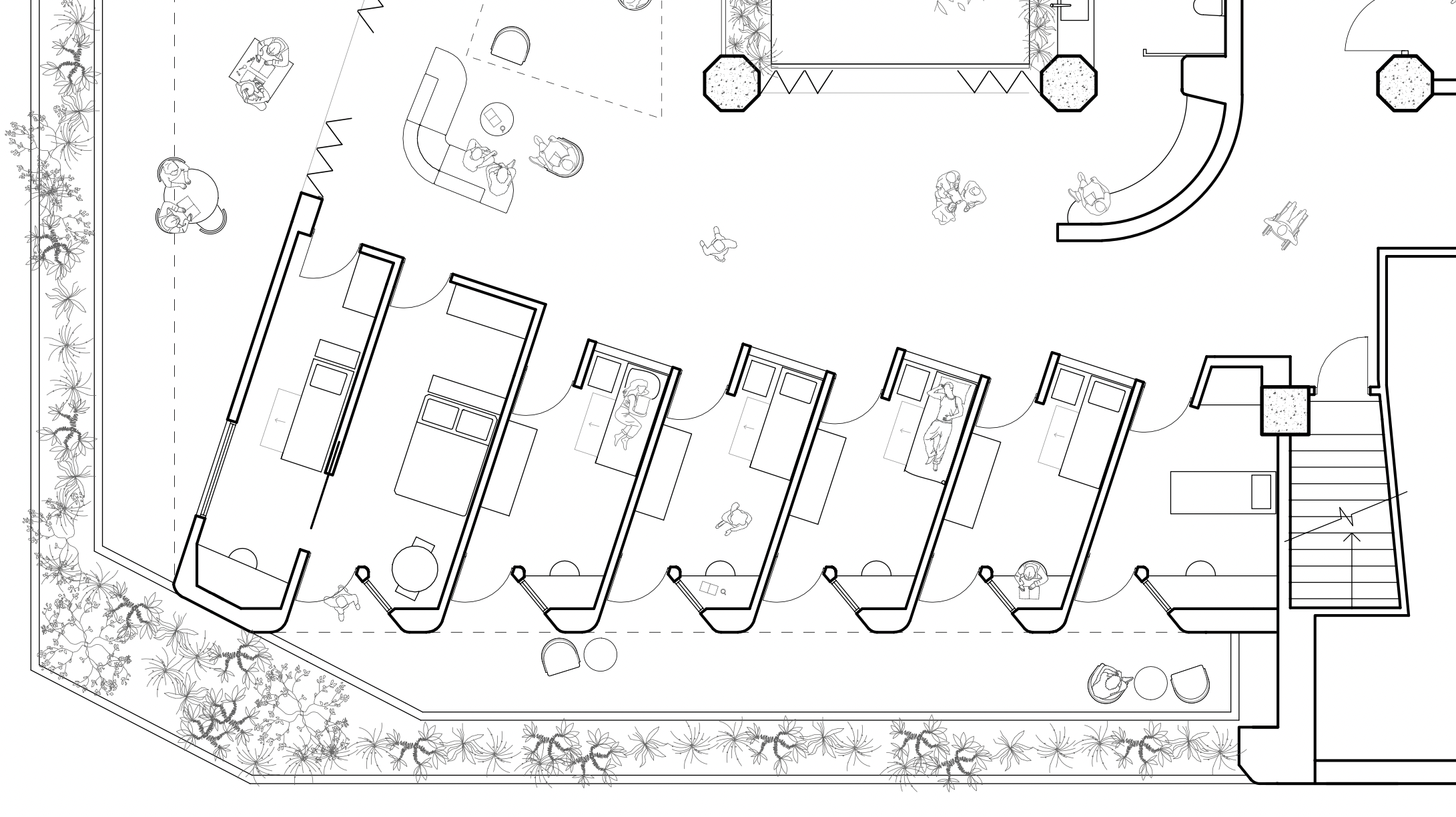 Architectural floor plan of a building with multiple rooms, outdoor seating areas, and landscaping details, including trees and plants.