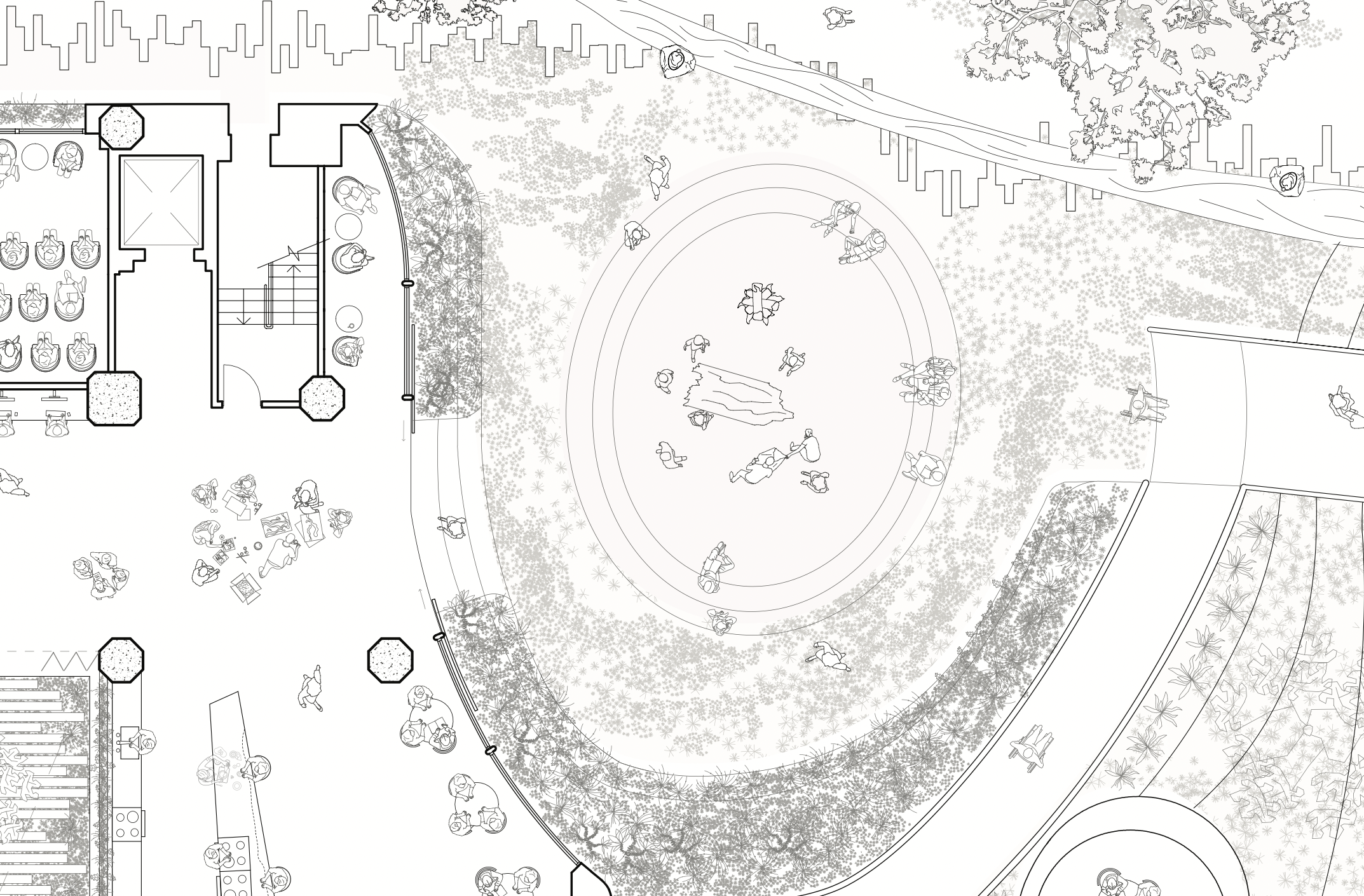 A detailed black and white architectural drawing of an outdoor urban park, including pathways, trees, seating areas, and playground elements with people depicted in various activities.