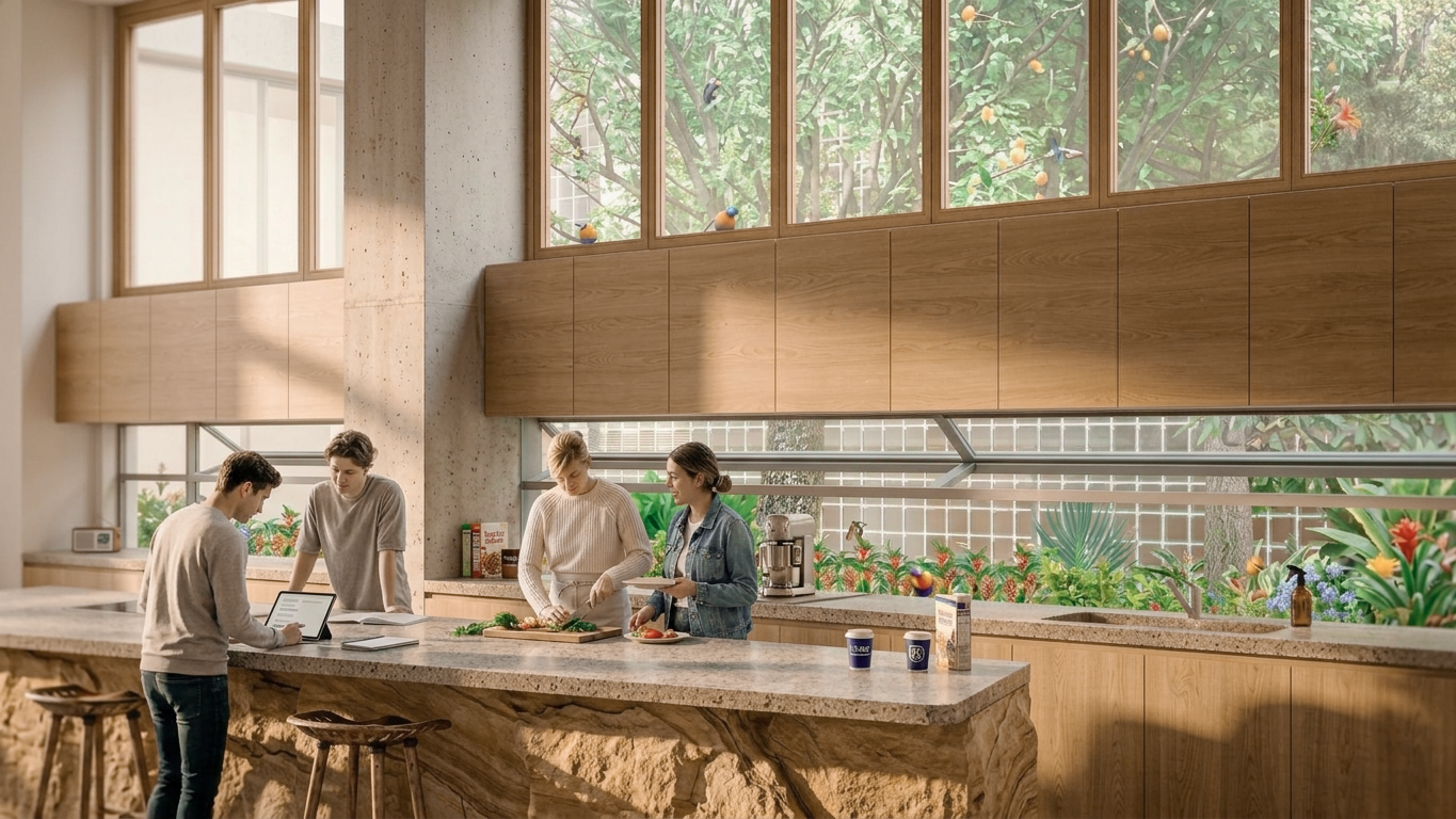 Four people in a bright, modern kitchen with large windows and wooden accents. Two are preparing food at the counter, one is looking at a tablet, and one is holding a plate.