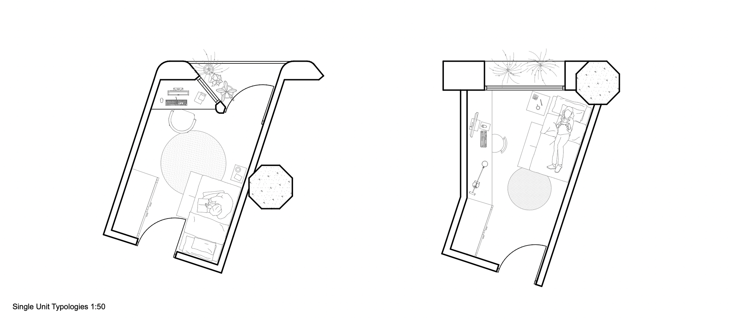 Two separate floor plans of a small apartment unit, each showing a bedroom with a bed, a desk, and other furnishings, with one plan including a person lying on the bed and the other showing someone sitting on the bed using a laptop.