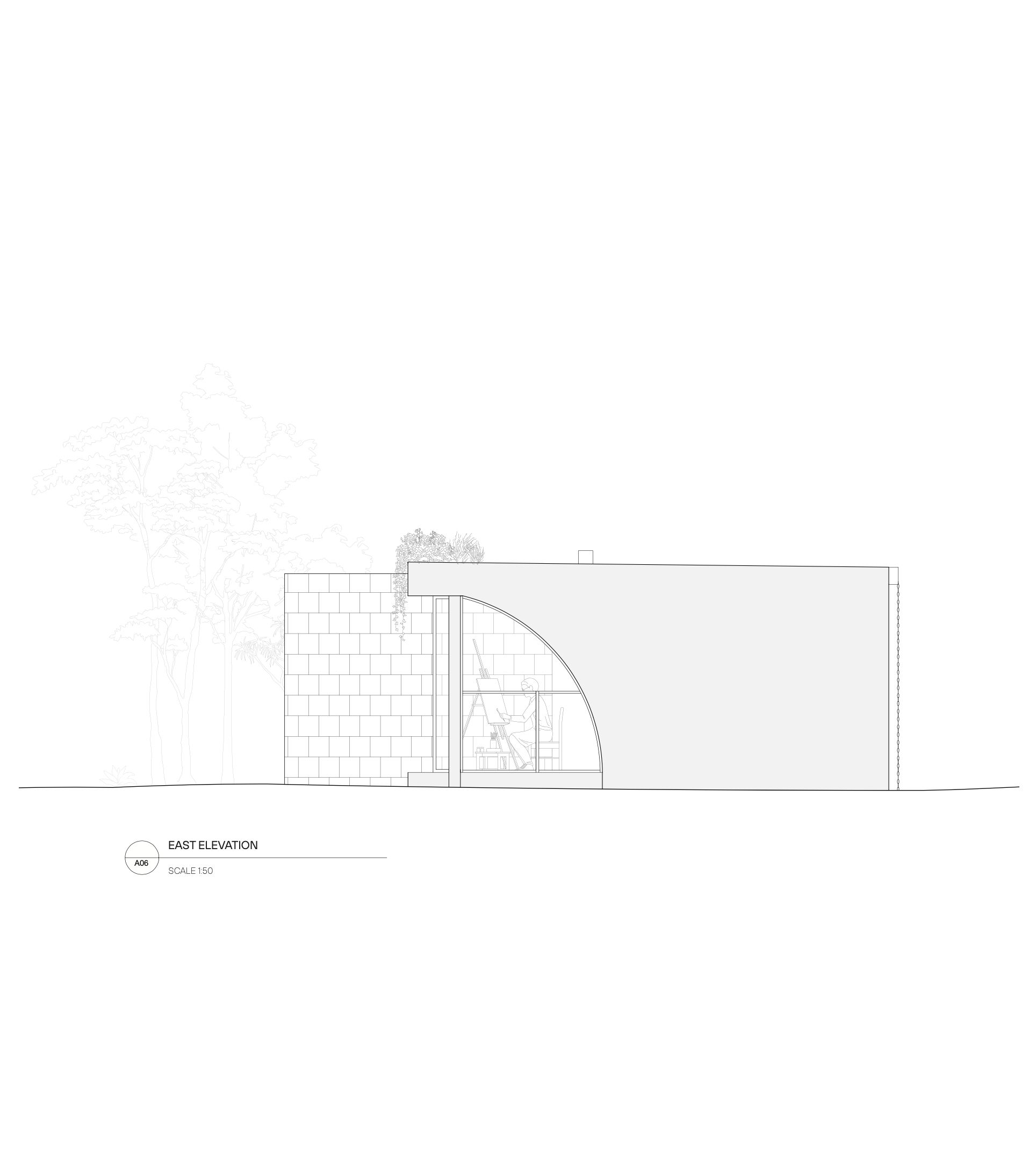 Architectural drawing of a building's east elevation, including trees and scale at 1:50.