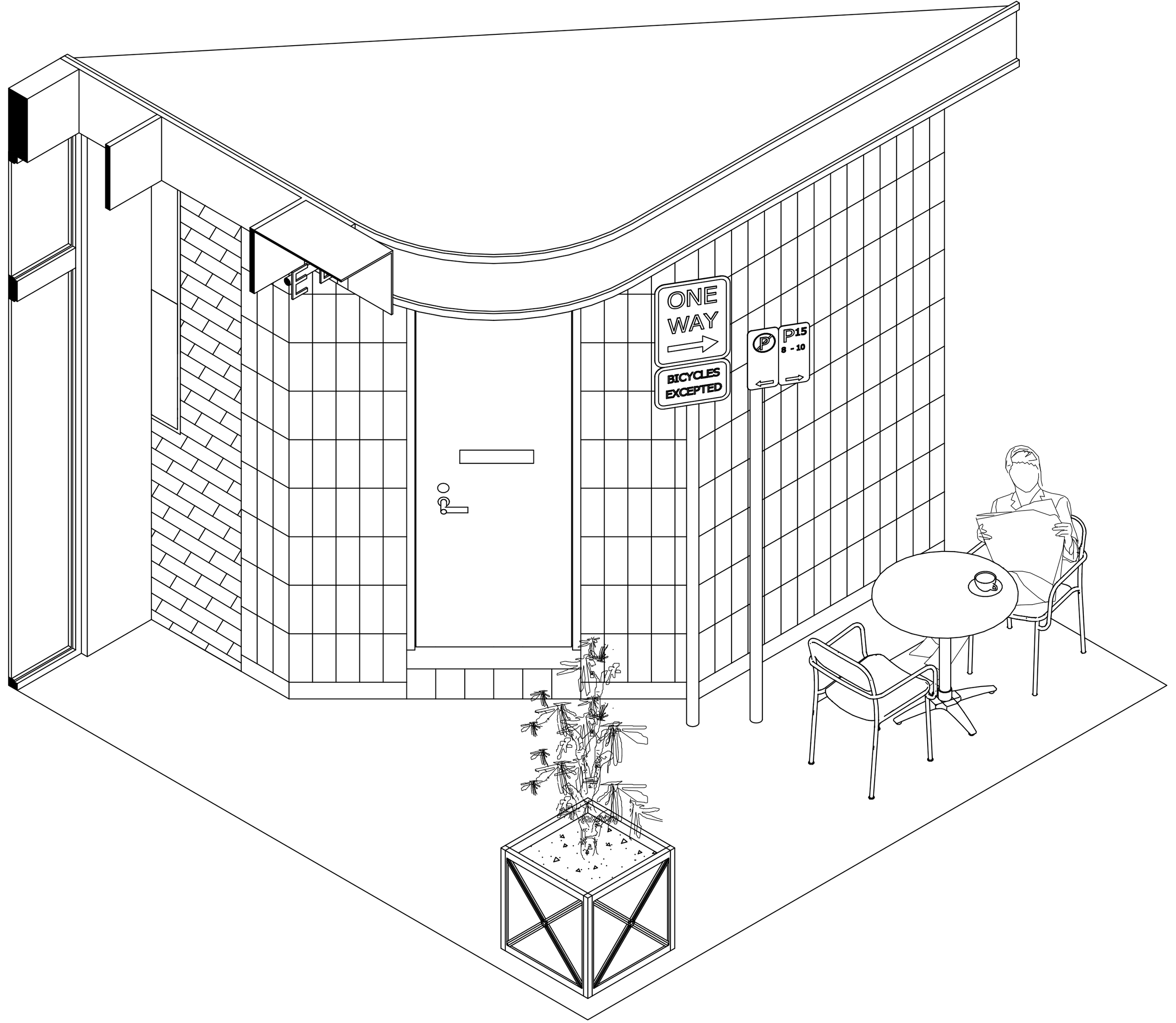Line drawing of a corner building with a curved roof, a door, and a sign indicating one-way traffic and parking restrictions, with a person seated at a table with a cup.