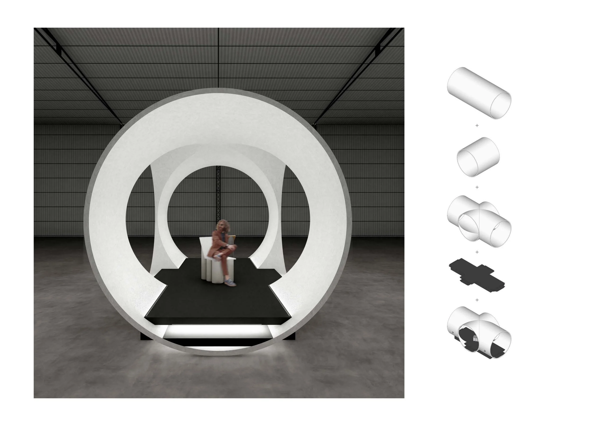 A woman sitting inside a large, white, circular structure resembling a tunnel, in a modern gallery or exhibition space with dark flooring and gray corrugated metal ceiling.
