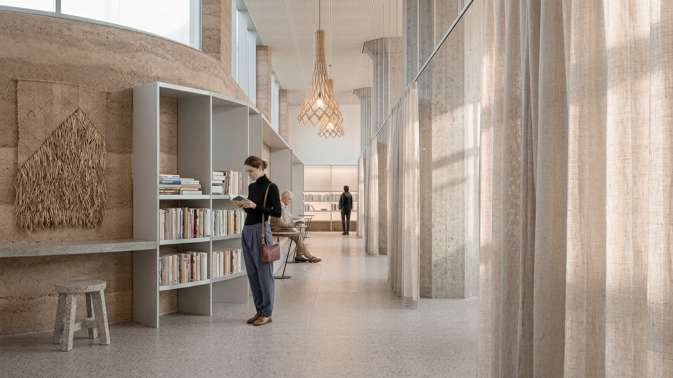 A modern library interior with tall windows, beige curtains, and a few people reading or sitting. A woman is reading a book in front of a white bookshelf, while a man in the background is sitting and another person is walking.