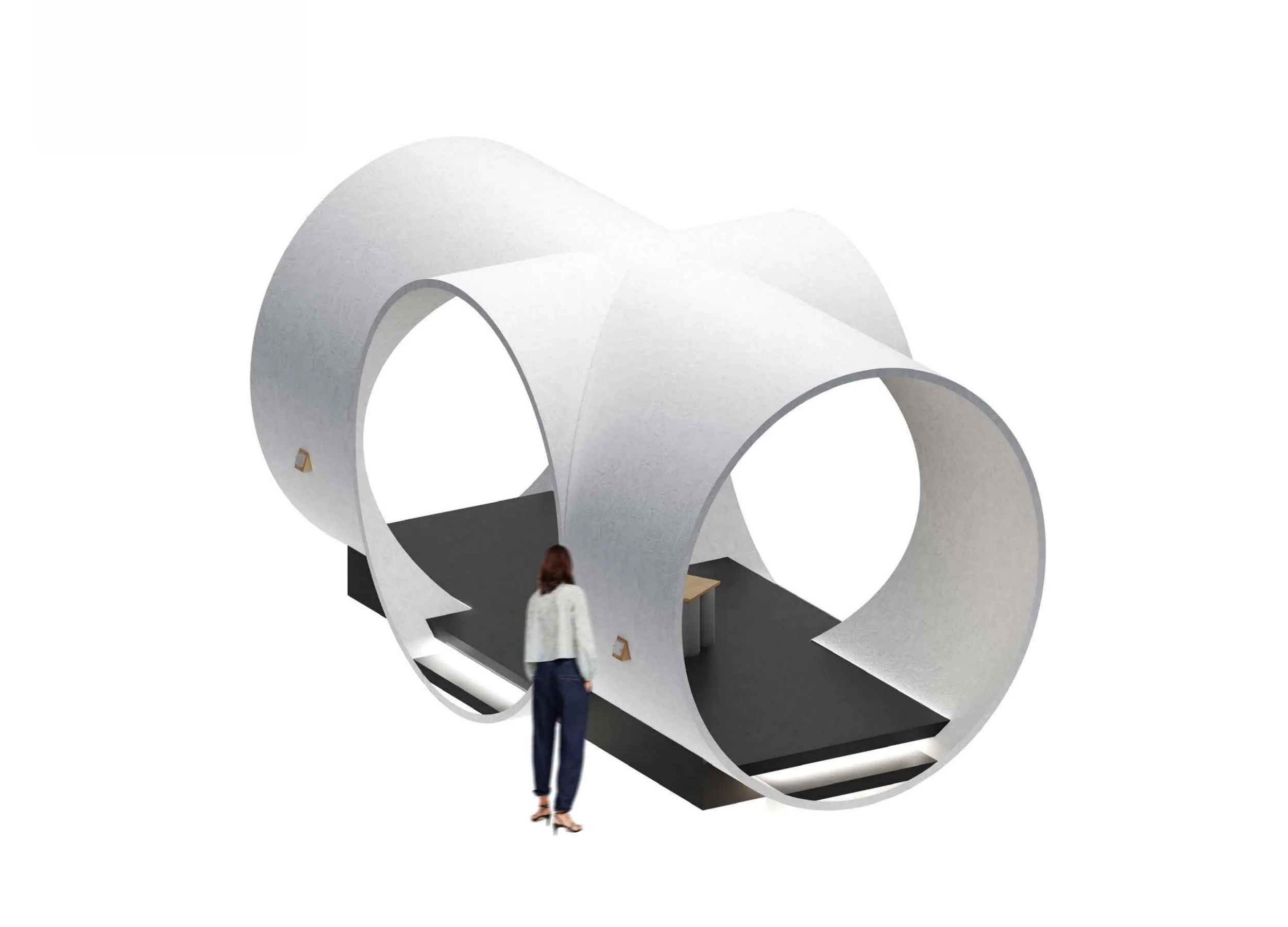 A woman in a leopard print top and dark blue pants standing in front of a large, abstract, white sculpture with gray and black interior parts.
