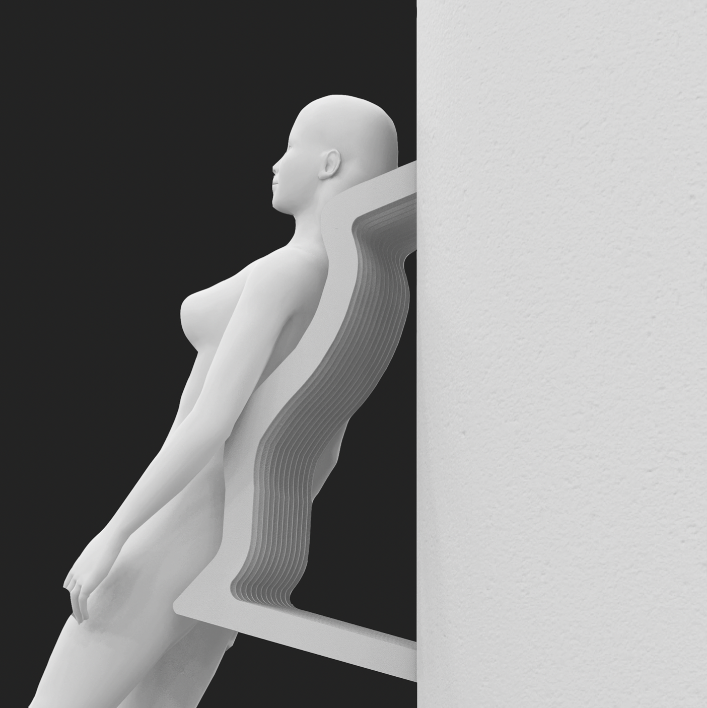 A digital image of a white mannequin sitting on a transparent layered chair, positioned against a divided background with black on the left and white on the right.