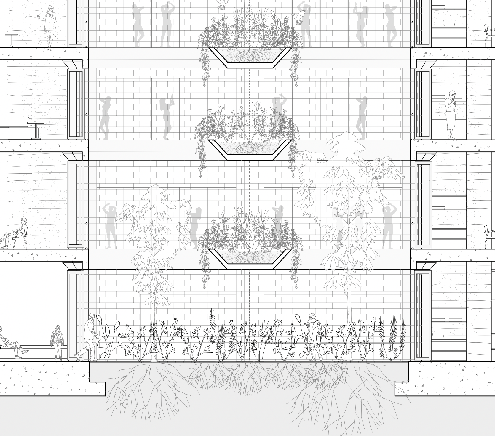 Architectural drawing of a multi-story building's interior, showing rooms with people engaging in various activities, plants, and structural elements.