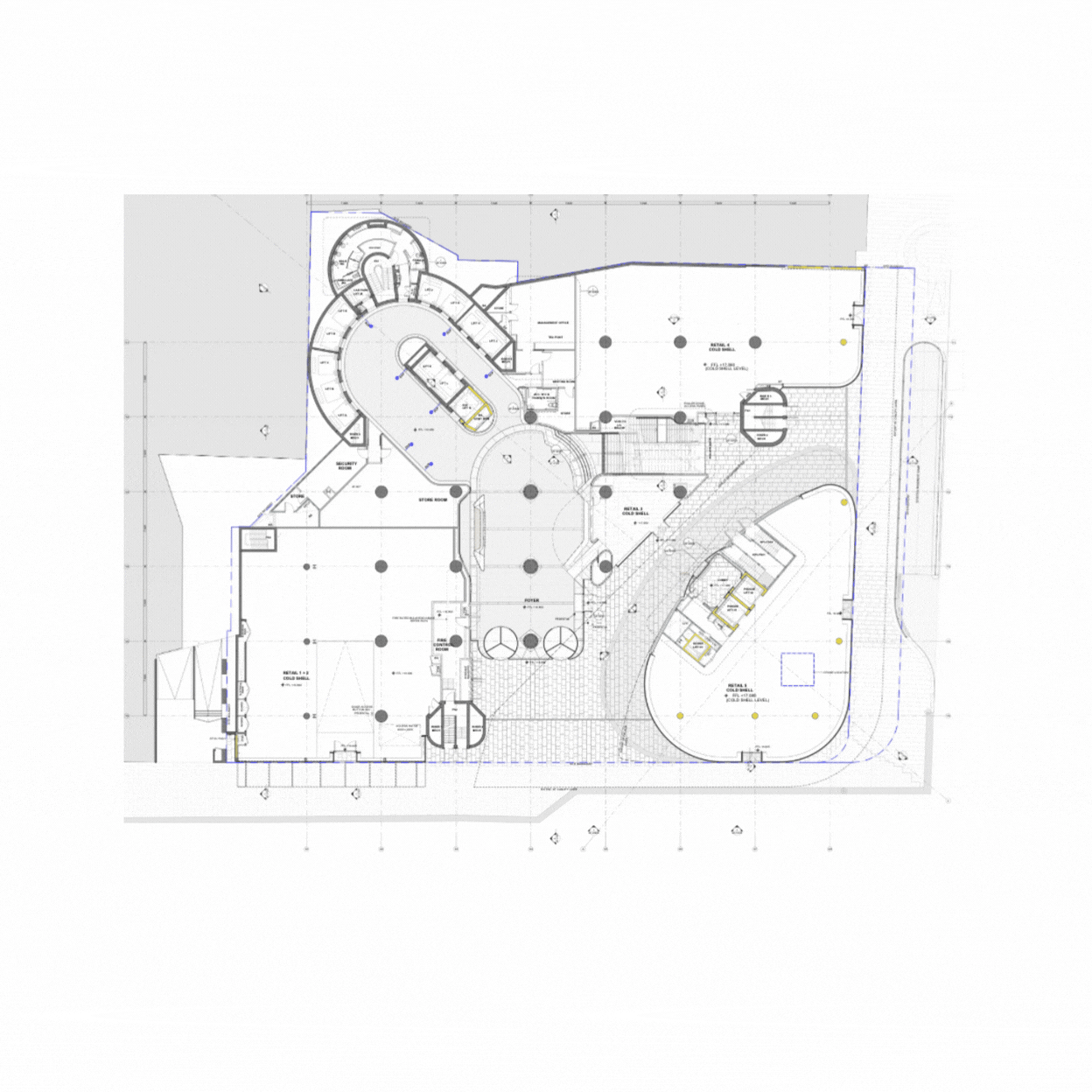 Architectural floor plan of a building with various rooms, hallways, and outdoor areas, including designated spaces for retail, offices, and reception.