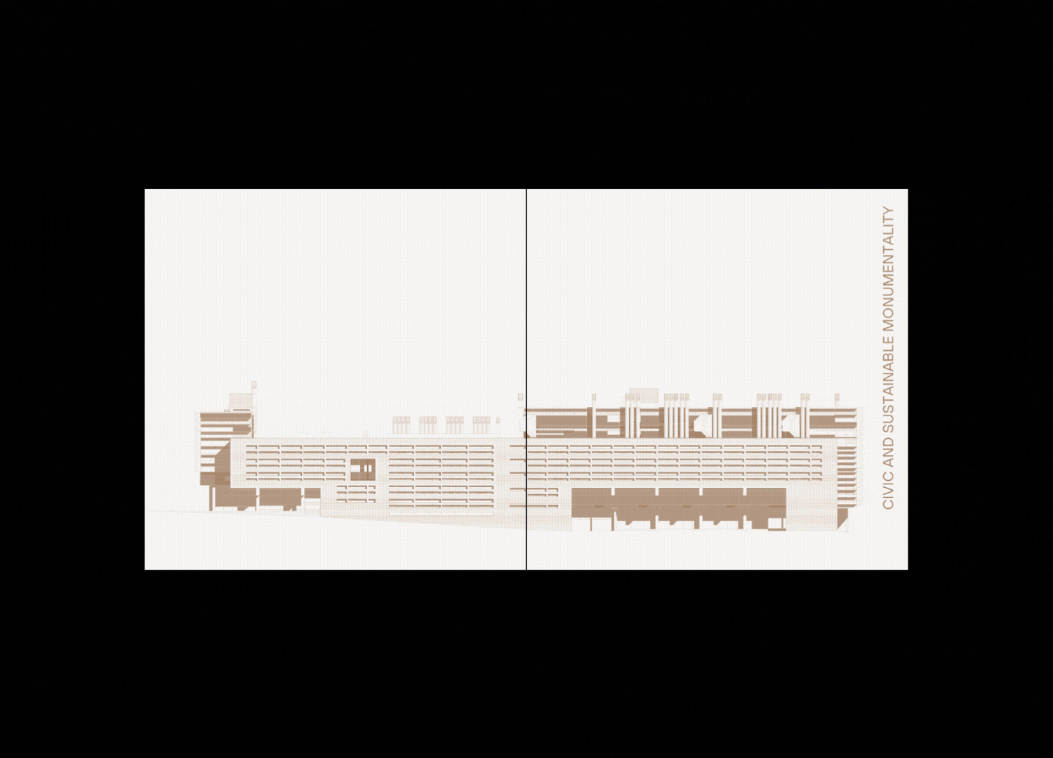 Line drawing of a large architectural building with modern design, labeled 'Civic and Sustainable Monumentality'.