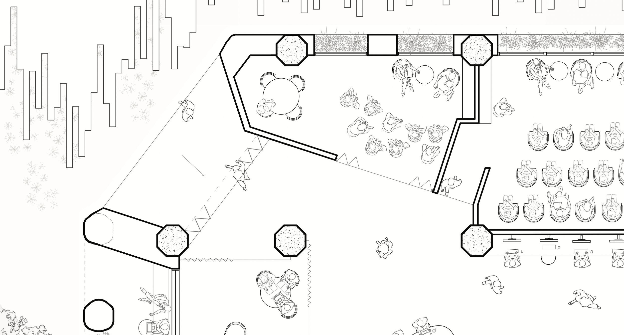 Architectural blueprint or floor plan of a building with multiple rooms and people depicted in different areas, some sitting, some standing, and some engaging in activities.