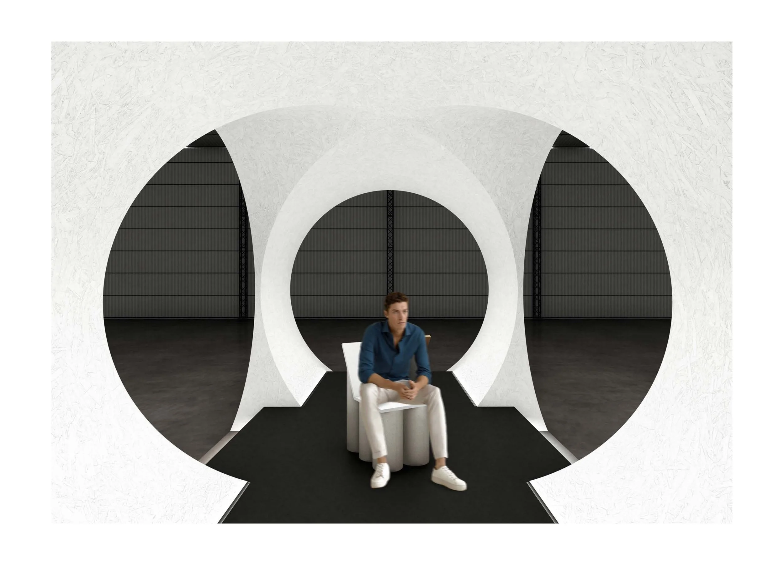 A young man in a blue shirt and white pants sitting on a modern white chair in a futuristic, minimalist room with black and white design elements and large circular openings.