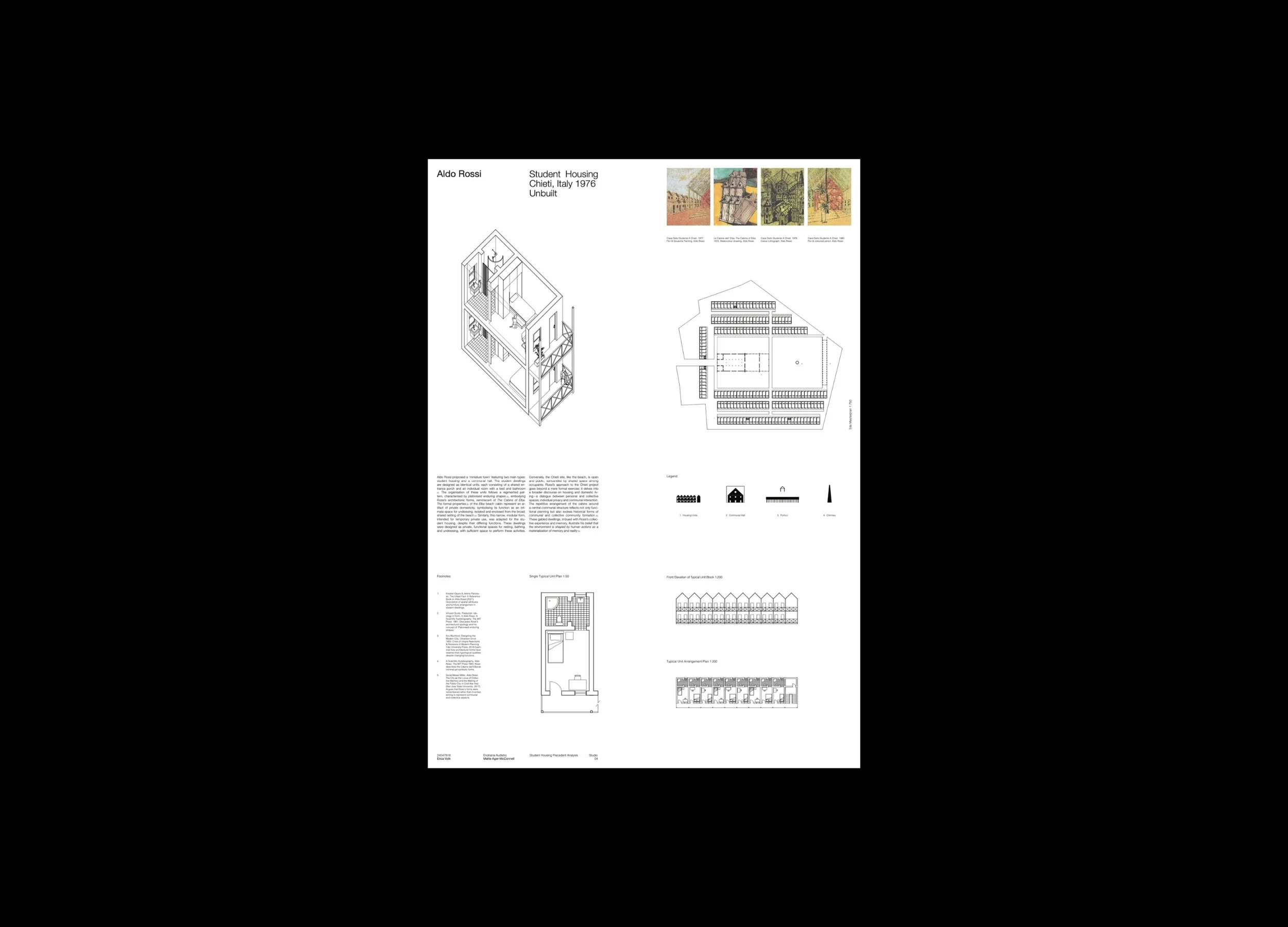 Architectural drawing and plans for a student housing building designed by Aldo Rossi in Chieti, Italy, 1976, including sections, elevations, and diagrams.