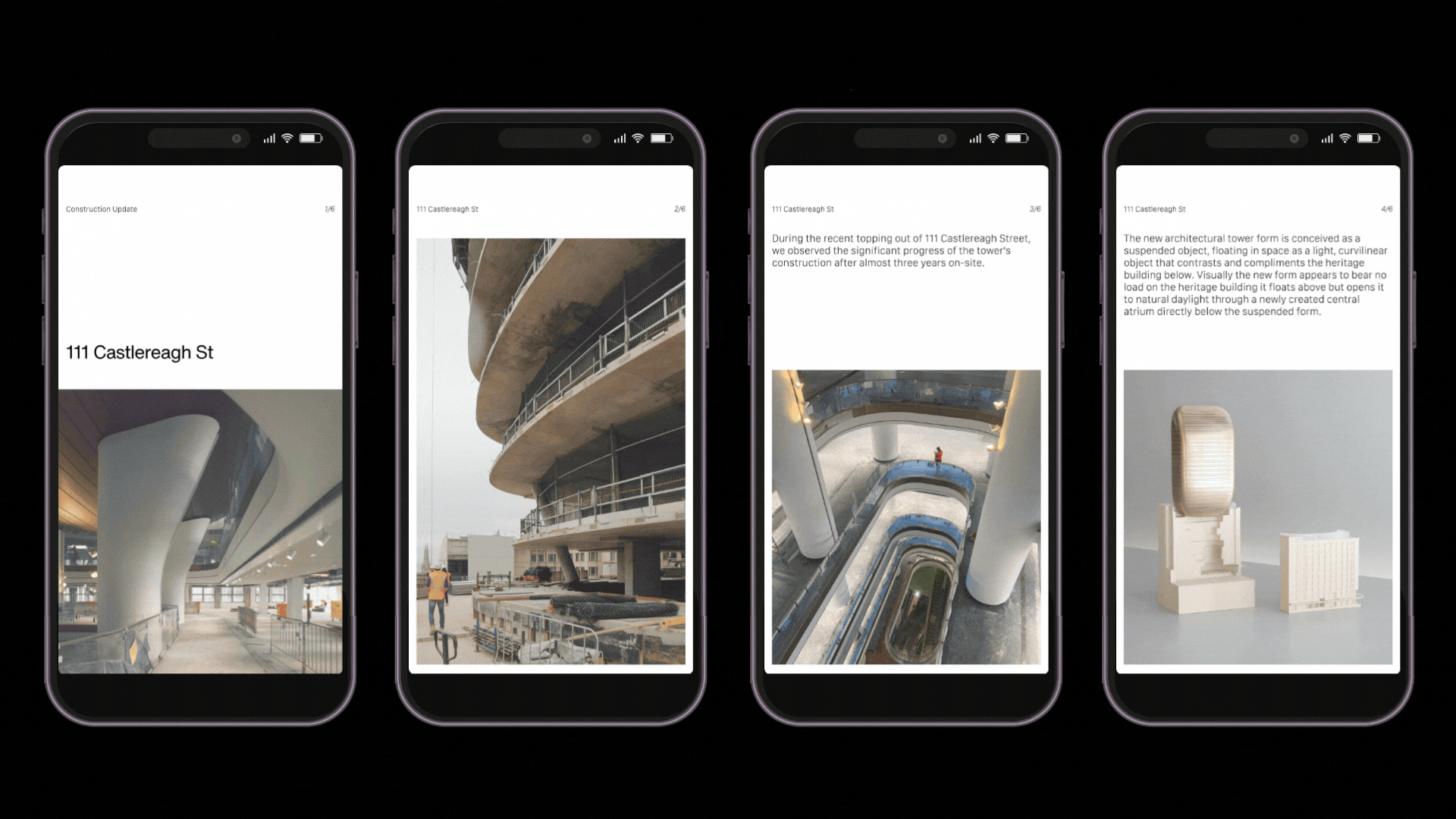 Four smartphones displaying architectural design updates for a building at 111 Castlereagh St, showing progress photos of interior and exterior construction, with accompanying text describing the project timeline and design features.