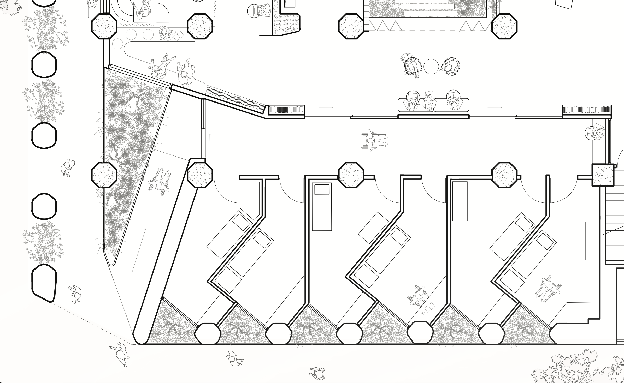 Architectural blueprint of an indoor space with rooms, furniture, and outdoor landscaping including garden areas and trees.