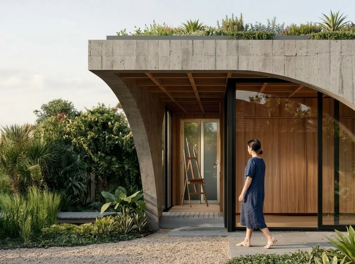 A woman walking past a modern house with large glass windows and wooden panels, surrounded by lush greenery.