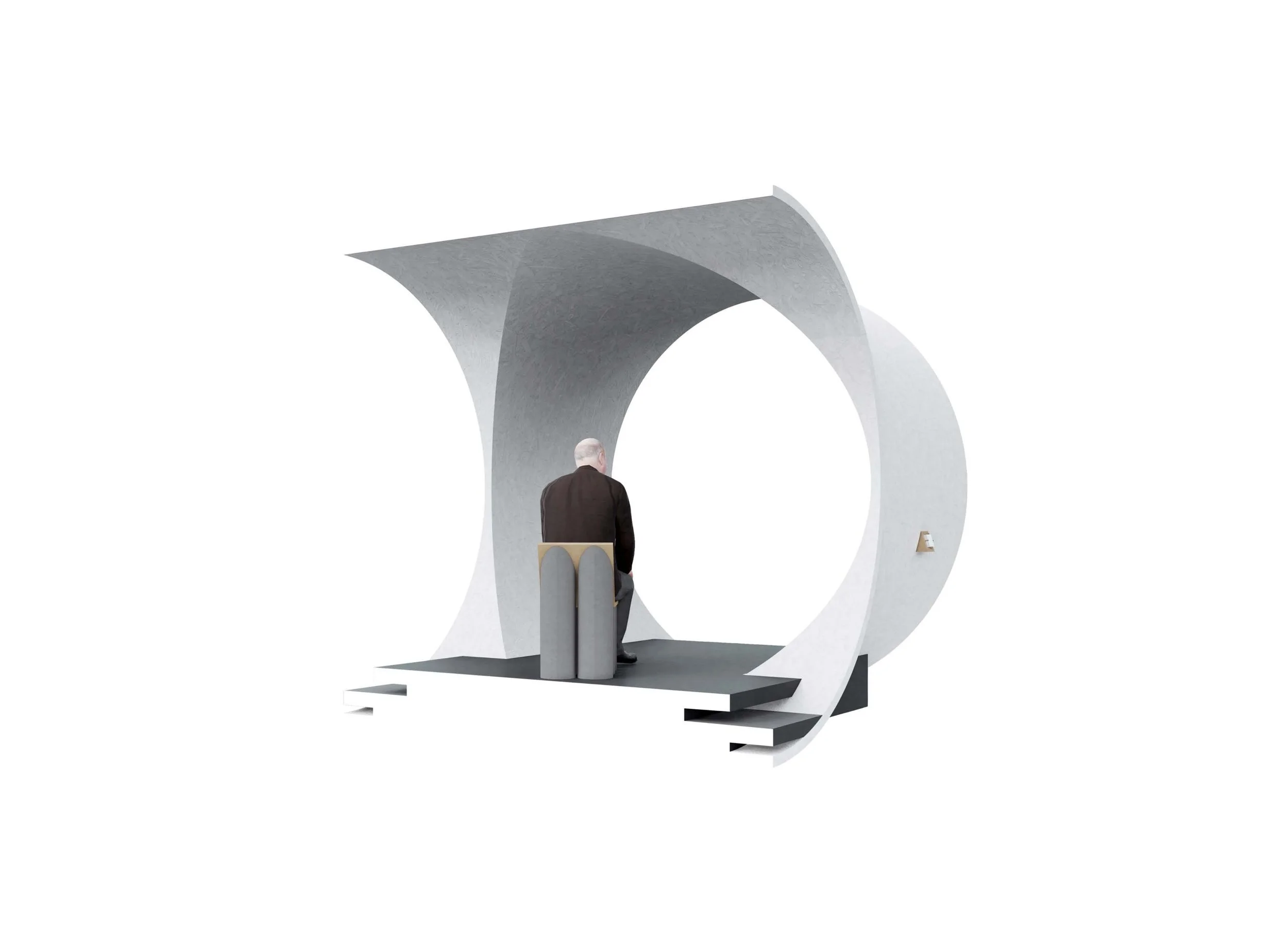 A person standing on a stage or platform in front of a large, minimalist, white, arch-shaped sculpture or installation.