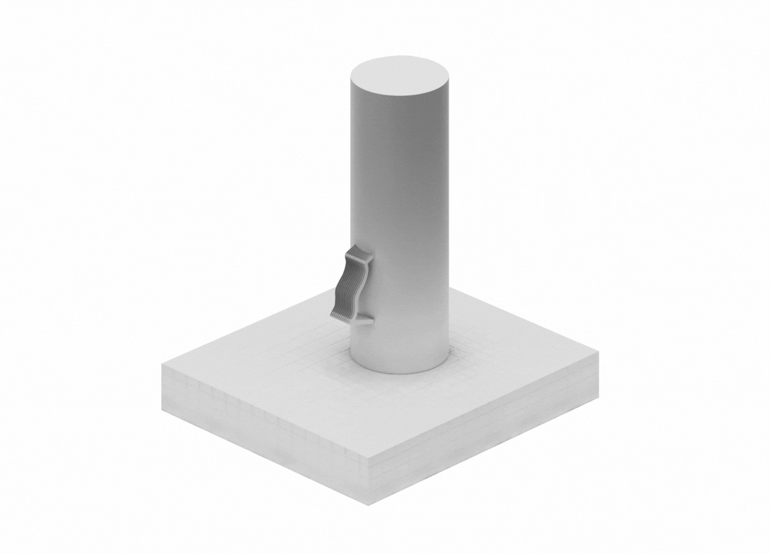 Gray cylindrical object with a small, curved, ribbed attachment on one side, placed on a white tiled base.