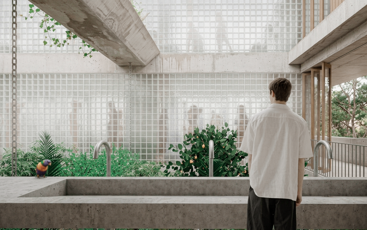 A young man wearing a white shirt and black pants standing in front of a concrete sink in an indoor garden space with a variety of green plants and a glass block wall in the background.