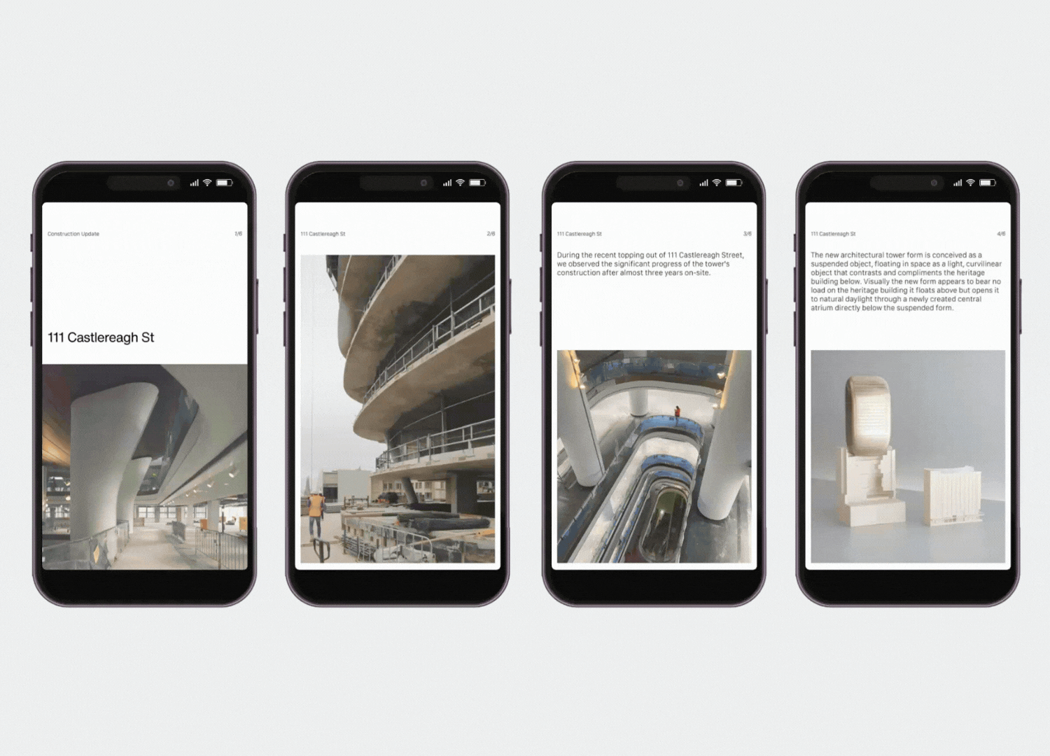 Series of four smartphones displaying images and texts about the construction of a modern architectural building at 111 Castlereagh Street, showing interior and exterior views, construction progress, and architectural details.
