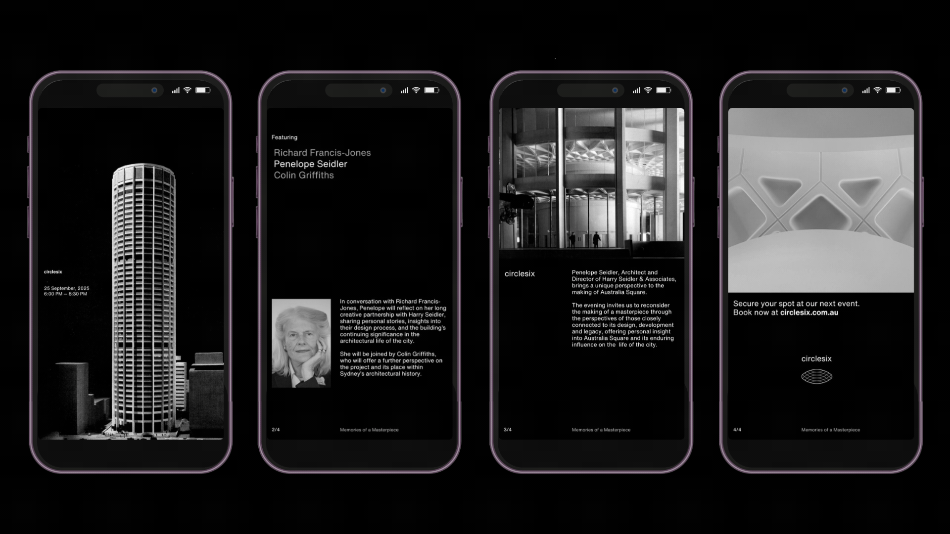 Four smartphones displaying information about an event, featuring a black-and-white image of a modern skyscraper, event details, a photo of an elderly woman, and a modern architectural interior.