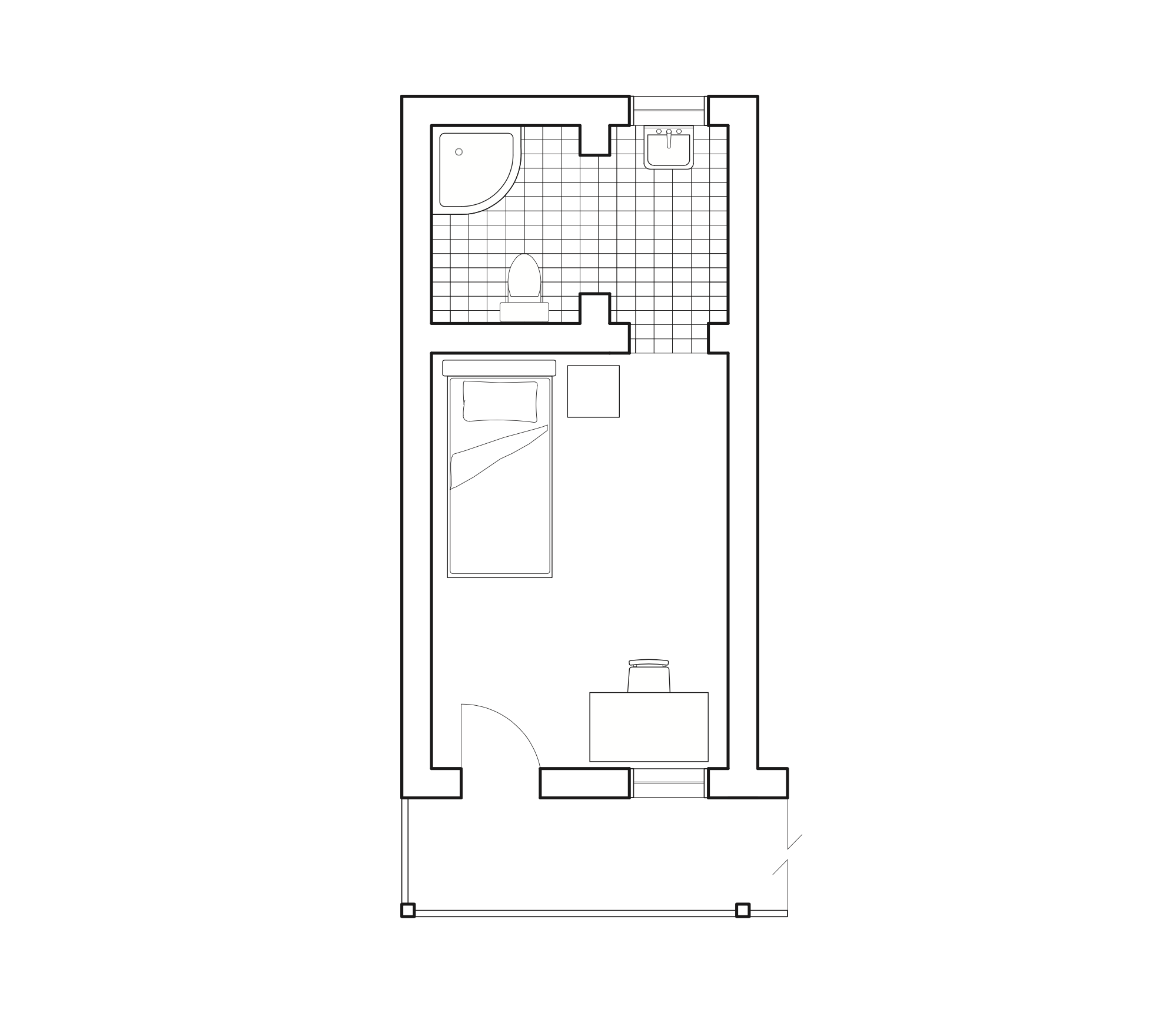 Floor plan of a small house with a bedroom, bathroom, and outdoor porch.