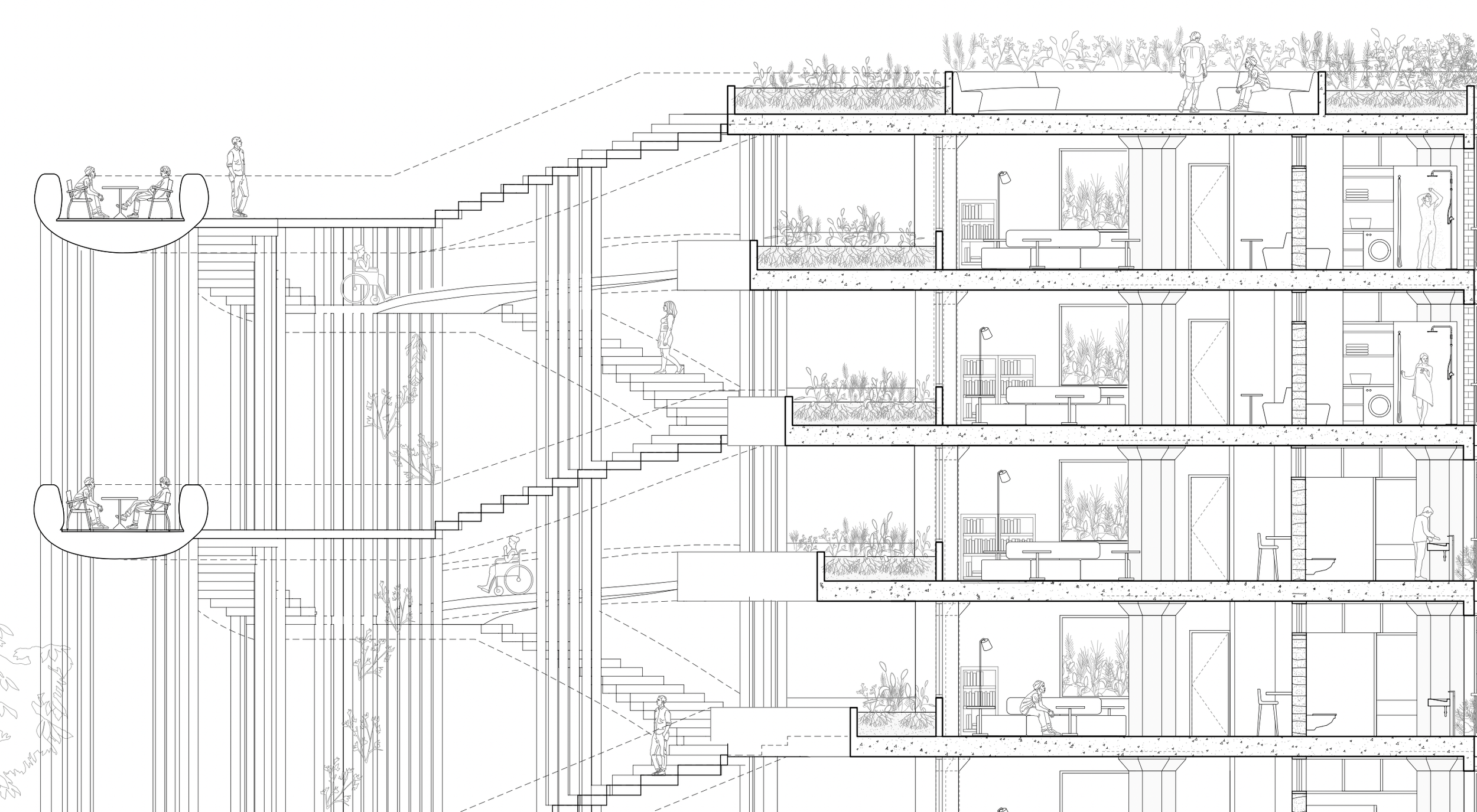Architectural cross-section of a multi-story building featuring interior rooms, staircases, outdoor terraces with people, and wheelchair accessibility features.