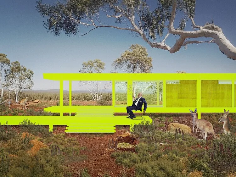 A digitally altered image of a yellow tram in a desert landscape with kangaroos. The tram is transparent with a person sitting inside, and the background shows trees and a clear blue sky.