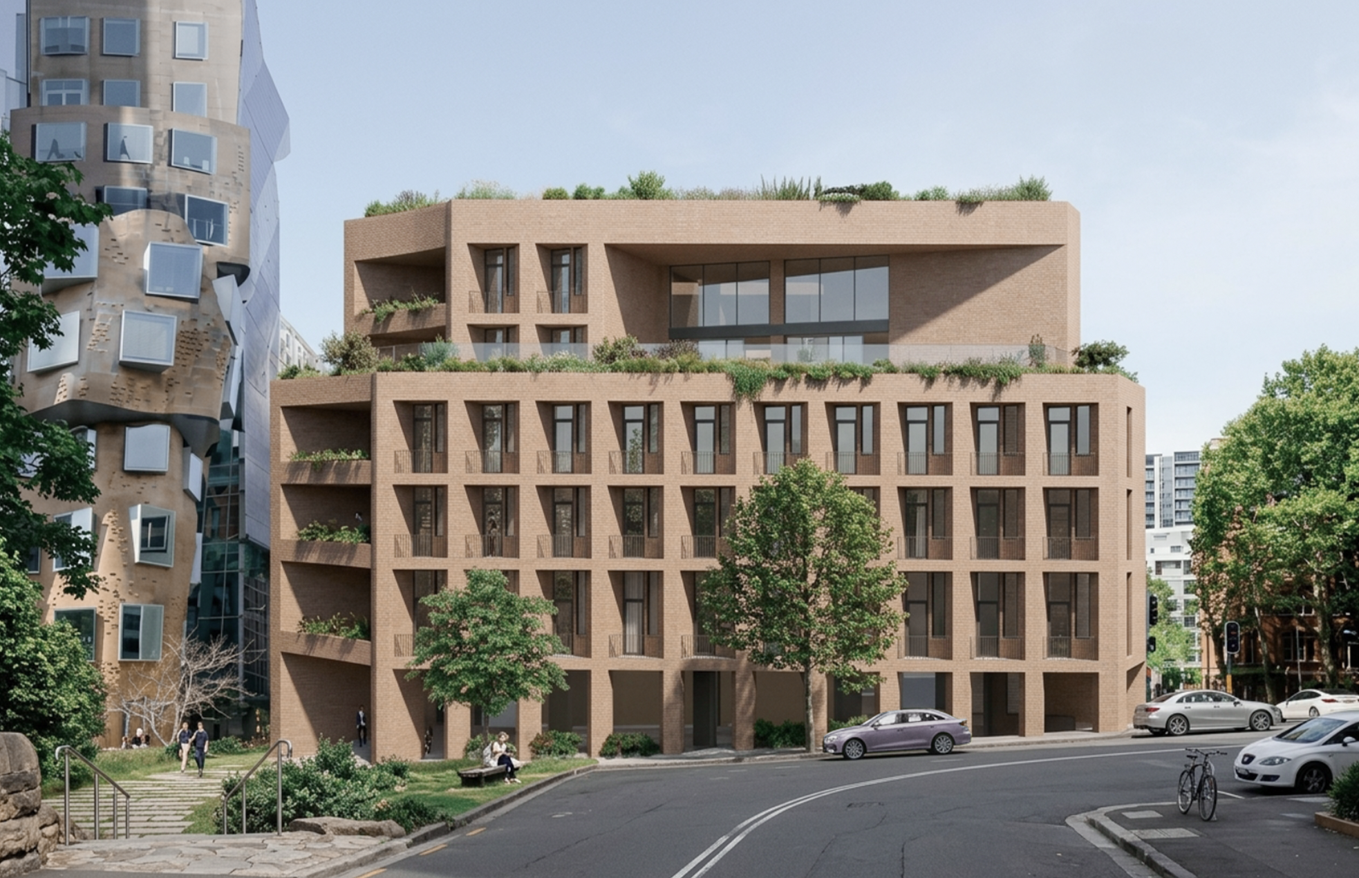 Modern multi-story brick residential building with balconies and rooftop gardens, trees, parked cars, sidewalk, and people in an urban setting.
