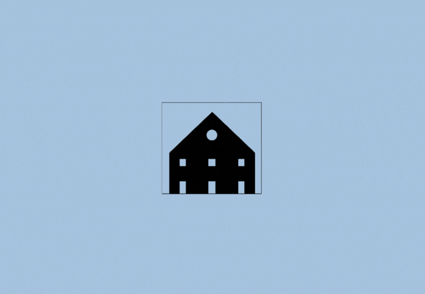 A black house-shaped icon with a circular window at the top, four square windows below, and three door-like openings at the bottom, set against a light blue background.