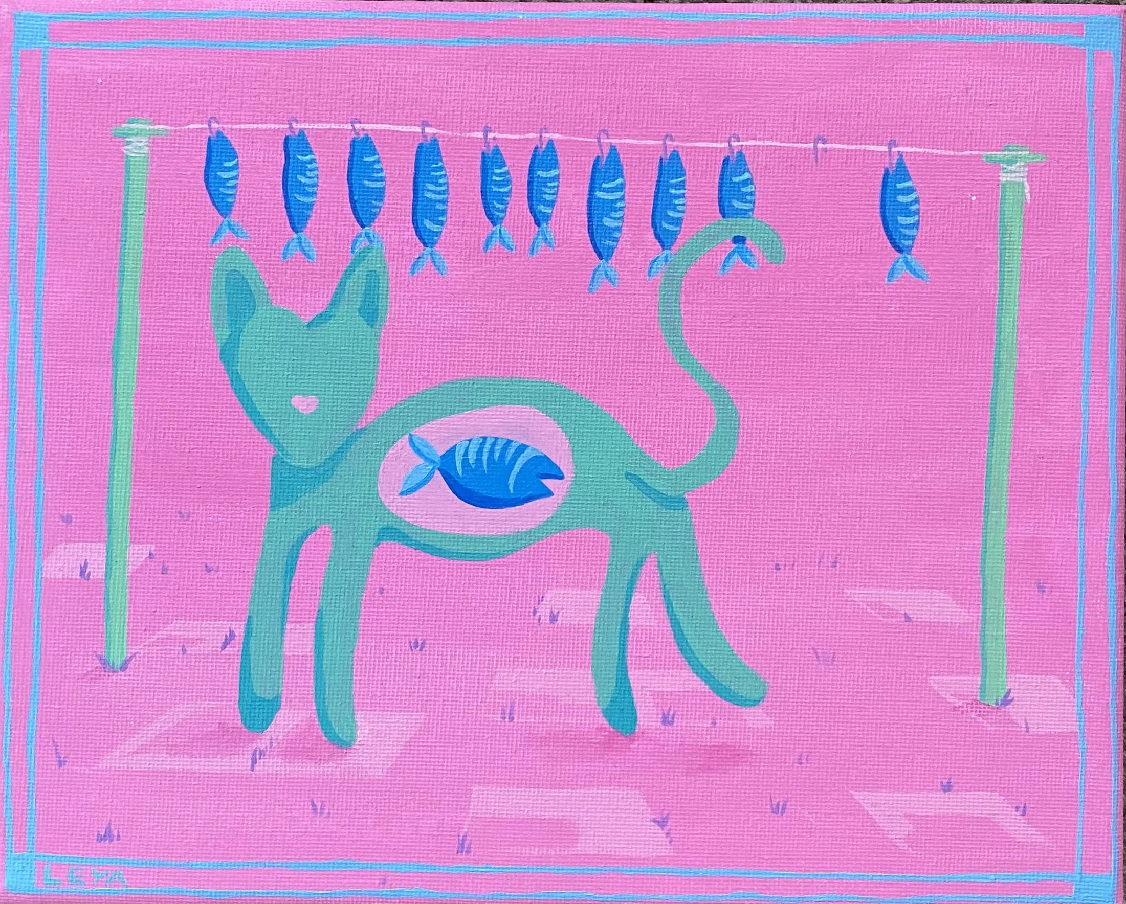 Colorful illustration of a cat with see through stomach containing a fish, with fish hanging on a line at the top, where one is missing, set against a pink background.