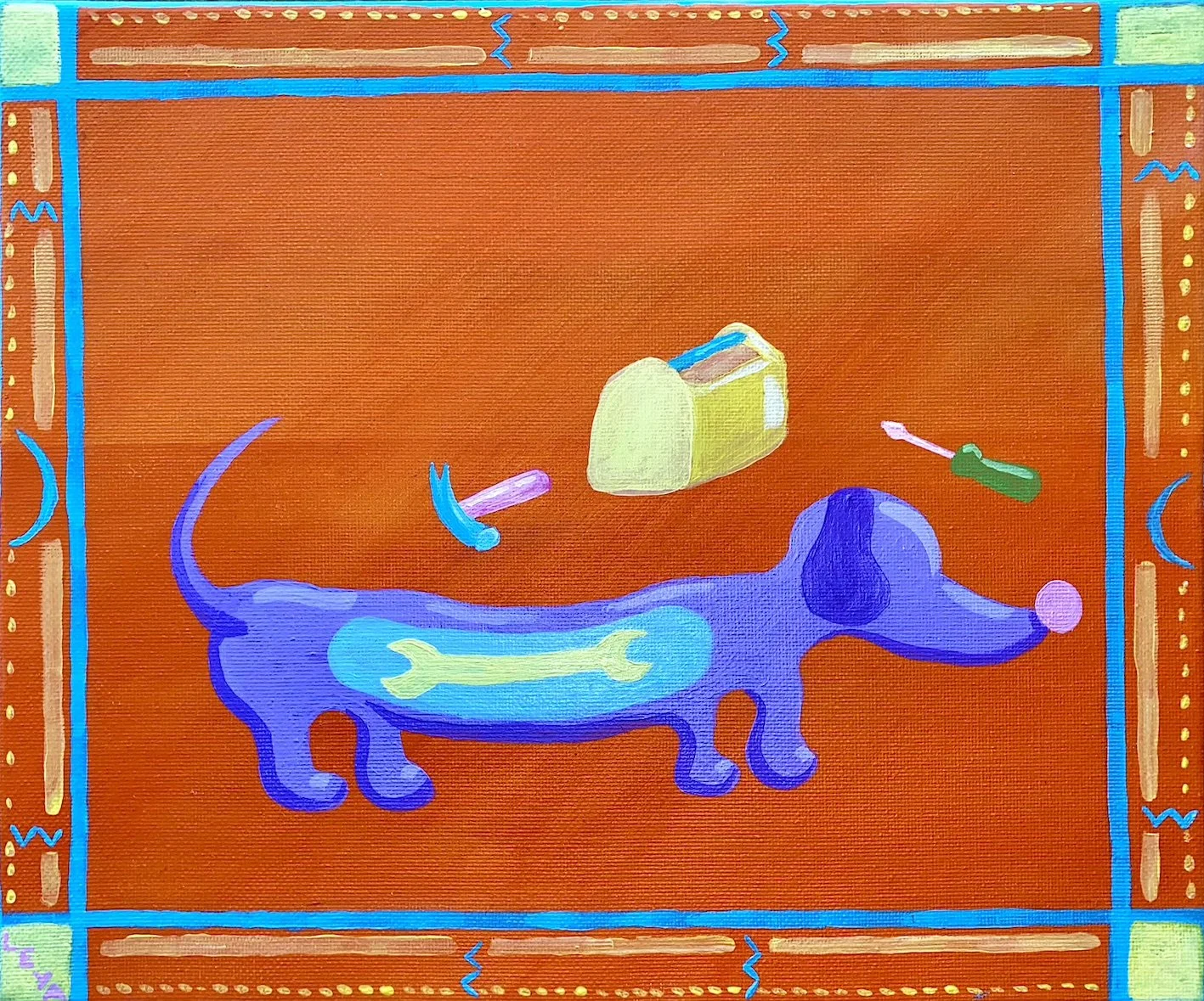 A colorful drawing of a purple dog with a yellow spanner inside its see through stomach, surrounded by a decorative border. Behind the dog is a yellow toolbox, a pink and green screwdriver, and a small green and pink hammer.