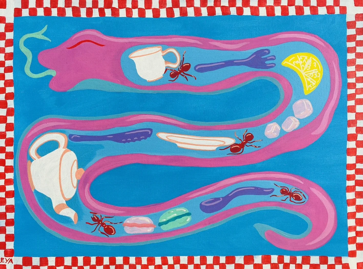 A colorful illustration of a stylized snake with see through insides, containing various items such as coffee mugs, ants, lemon wedges, ice cubes, a seashell, and a spoon, all set against a blue background with a red checkered border.