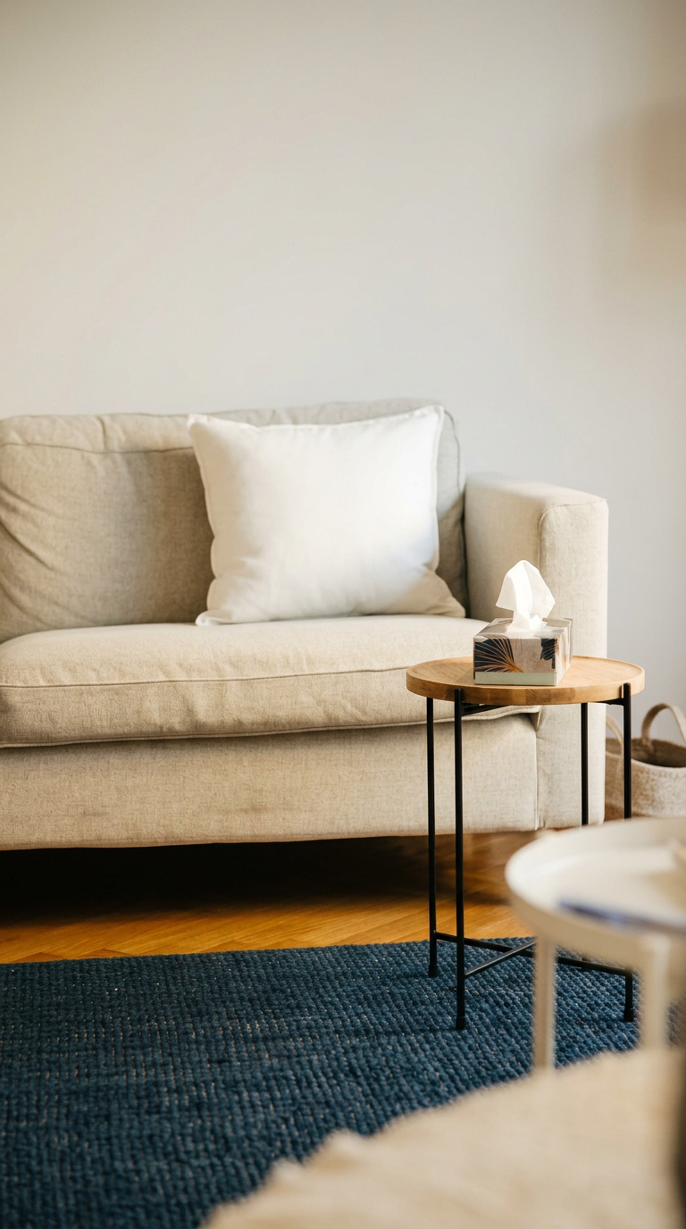 Ein helles Wohnzimmer mit einem beige-farbenen Sofa, einem weißen Kissen, einem kleinen Holzbeistelltisch mit einer Packung Taschentücher darauf, einem blauen Teppich und einem weißen Stück Möbel im Vordergrund.