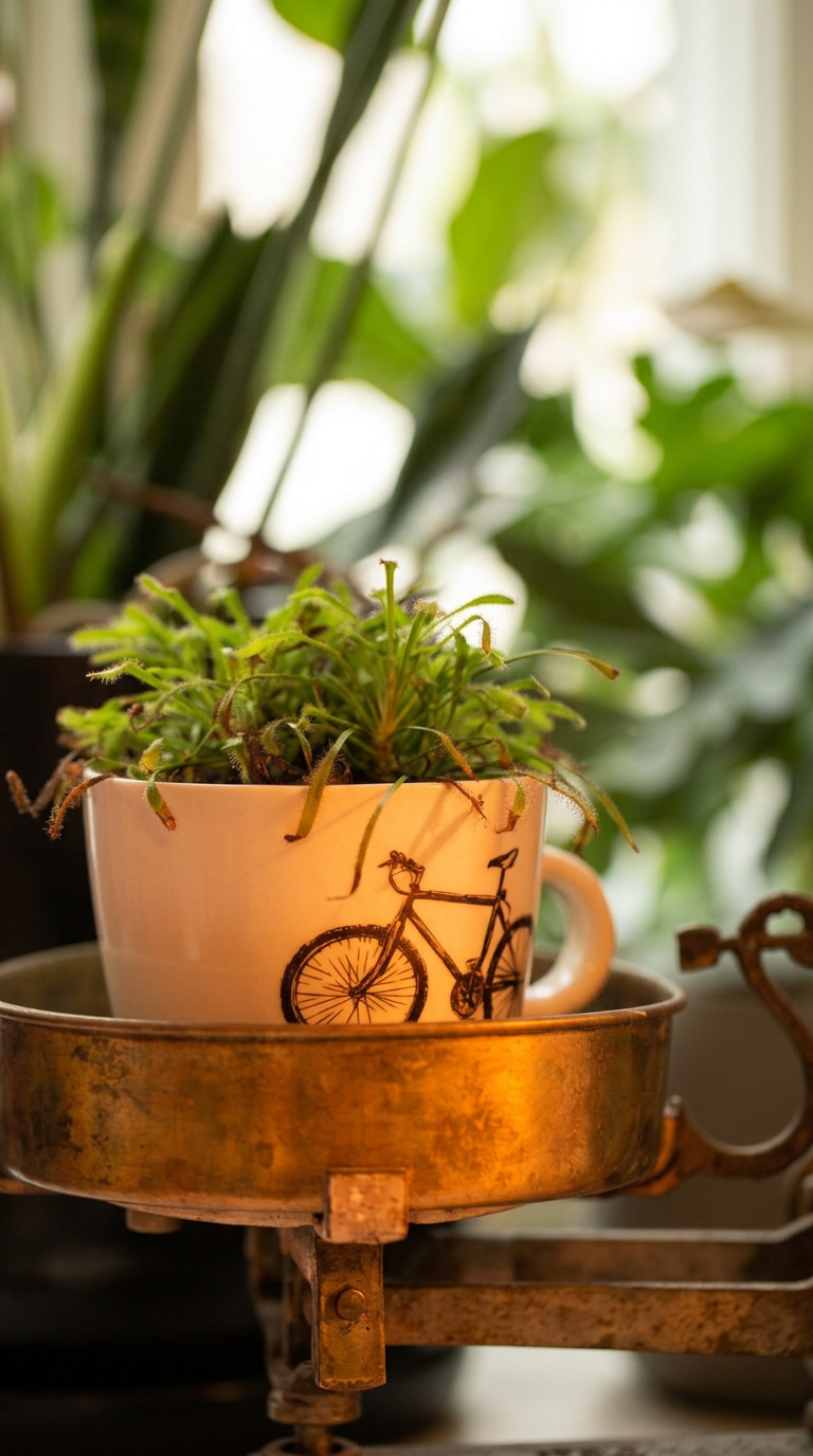 Pflanzen in Töpfen auf einem Fensterbrett, mit einer weißen Tasse mit Fahrrad-Druck auf einer alten goldfarbenen Waage.