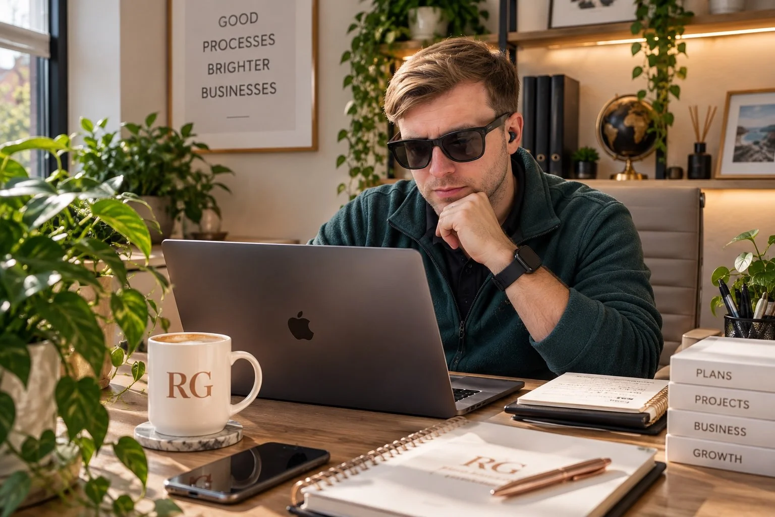 A man working at a desk with a laptop, wearing sunglasses and a smartwatch, with plants, office supplies, and motivational posters on the wall in the background