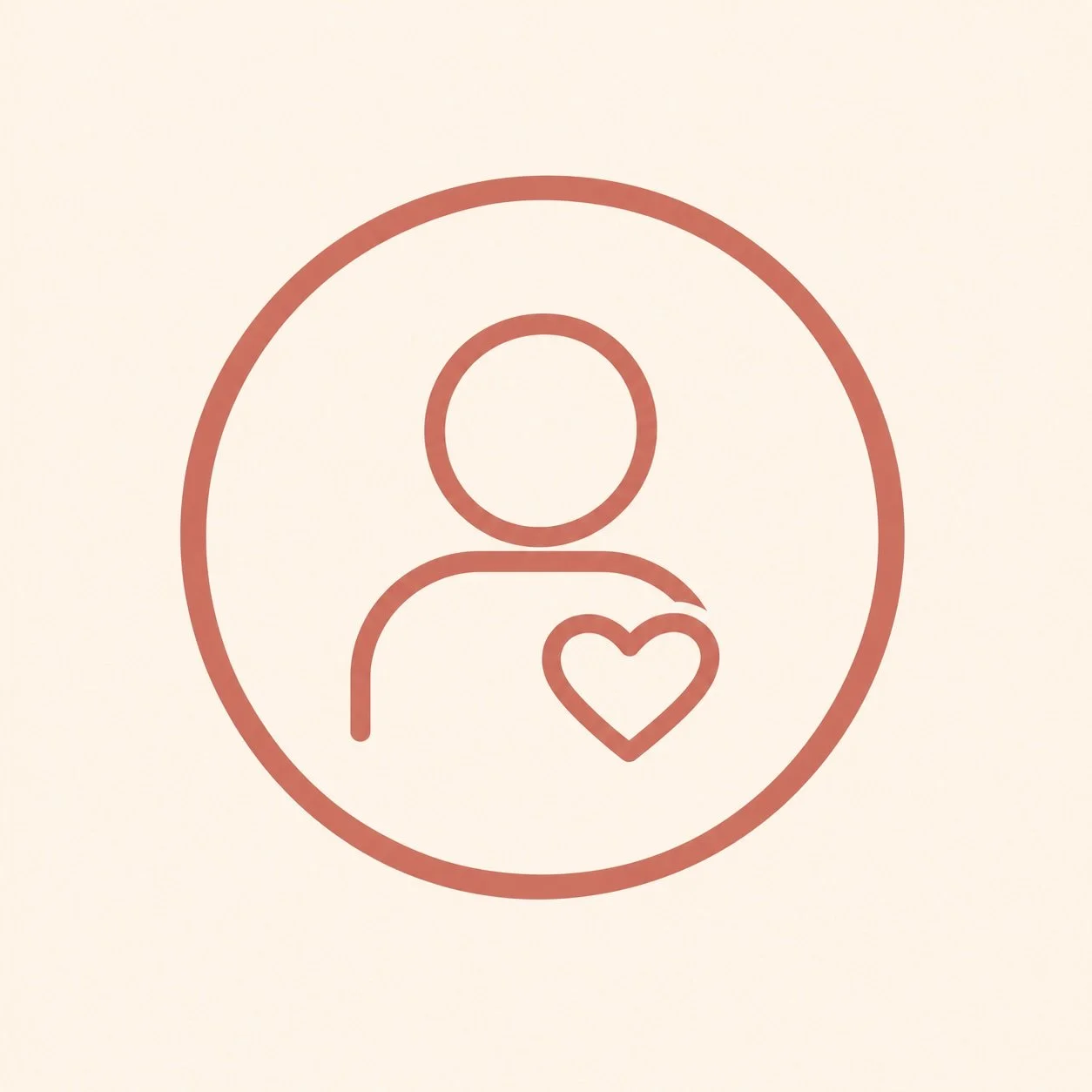 Outline of a person with a heart symbol on their chest, enclosed in a circle.