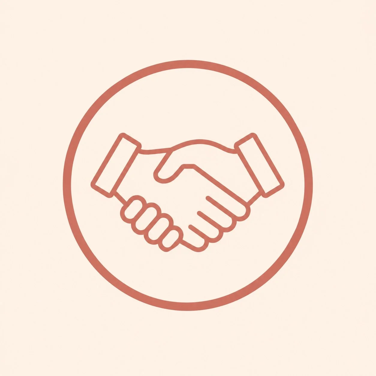 Line drawing of a handshake inside a circle, symbolizing agreement or partnership.
