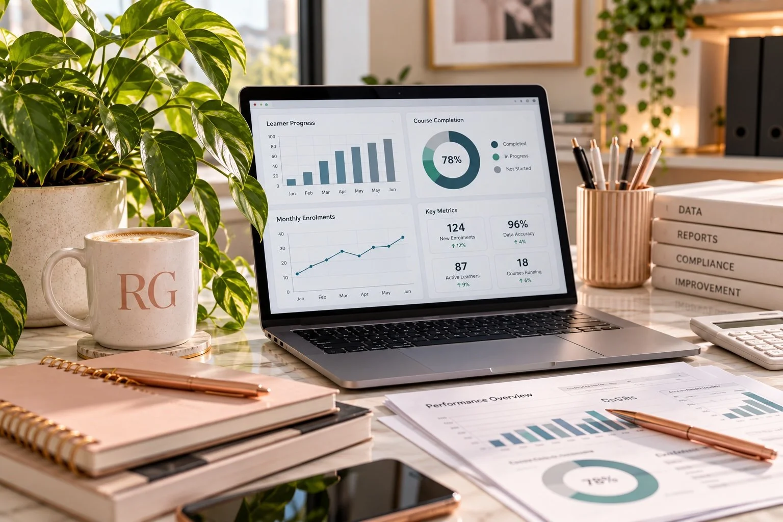 A workspace with a laptop displaying analytics charts, a coffee mug with initials RG, a potted plant, notebooks, a pen, a calculator, and a stack of binders labeled Data, Reports, Compliance, and Improvement.