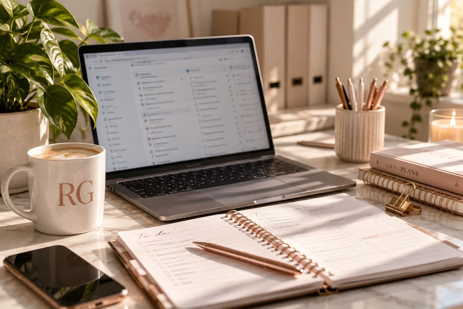 A workspace with a laptop, a mug with 'RG' initials, open notebooks, a pen, a smartphone, a cup holding pens and pencils, and some files and candles on a marble table, with sunlight streaming through a window.