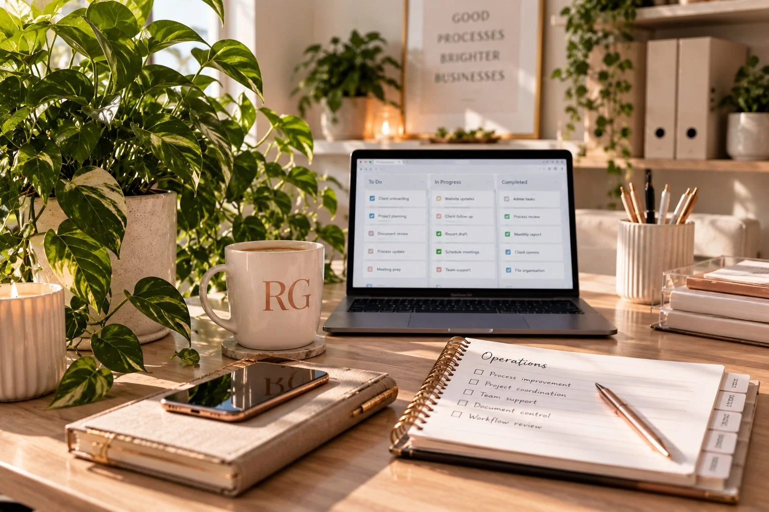 A workspace with a wooden desk featuring a large plant, a mug with initials 'RG', a tablet, a spiral notebook labeled 'Operations', a pen, a laptop displaying a task management app, and a smartphone. In the background, there are shelves with books and potted plants, and a framed poster that reads, 'Good processes brighter businesses'.