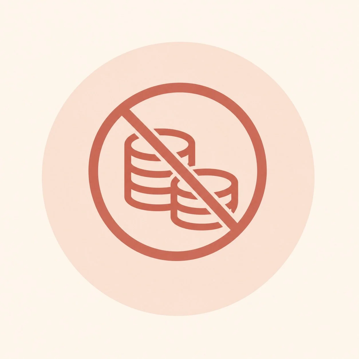 Symbol of coins with a diagonal line crossing out, indicating no money or no payment allowed.