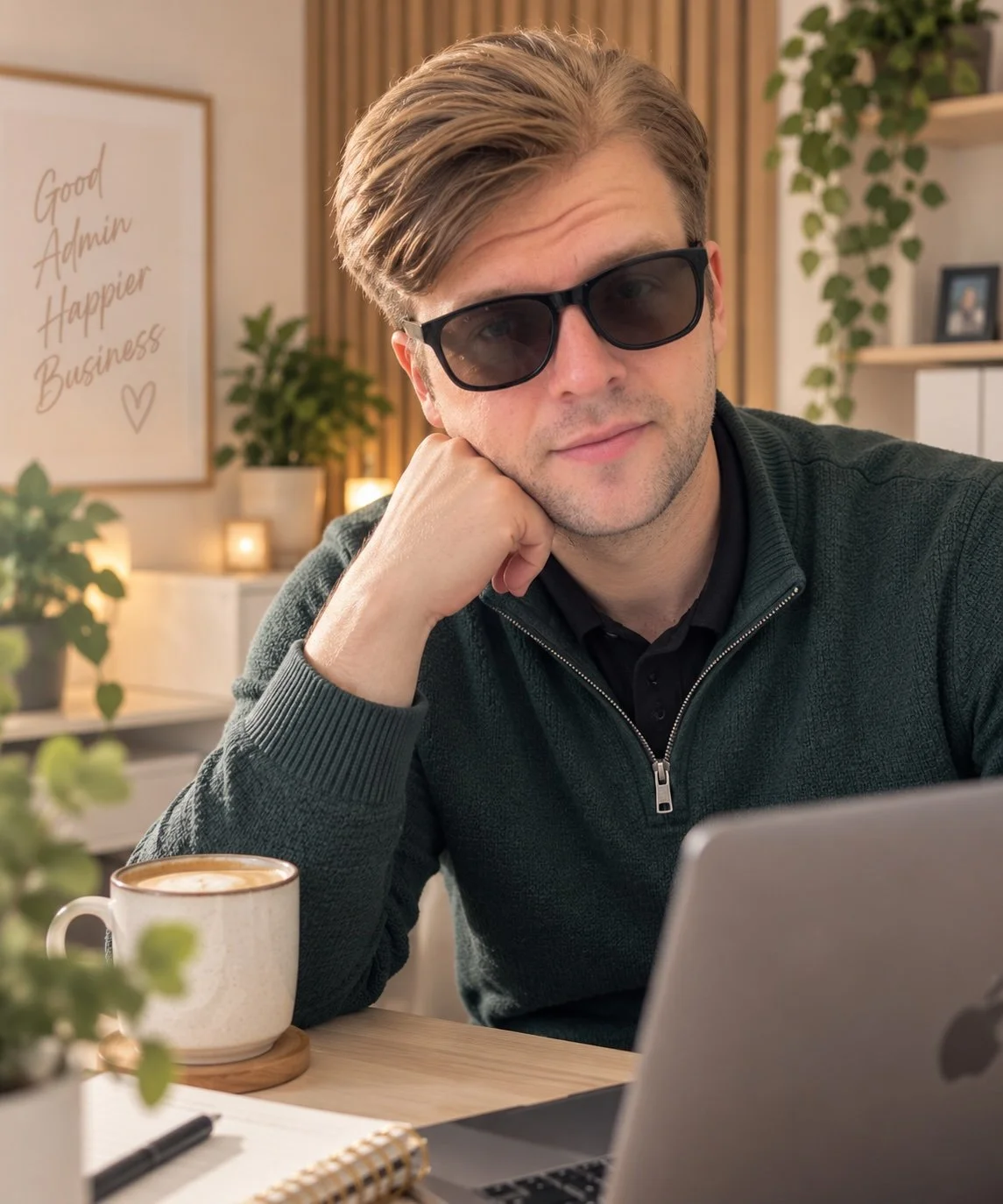 A man with light brown hair wearing black sunglasses and a dark green zip-up sweater, sitting at a desk with a laptop, coffee mug, and notebook, in a cozy, well-decorated room with plants and a "Good Admin Happy Business" sign on the wall.